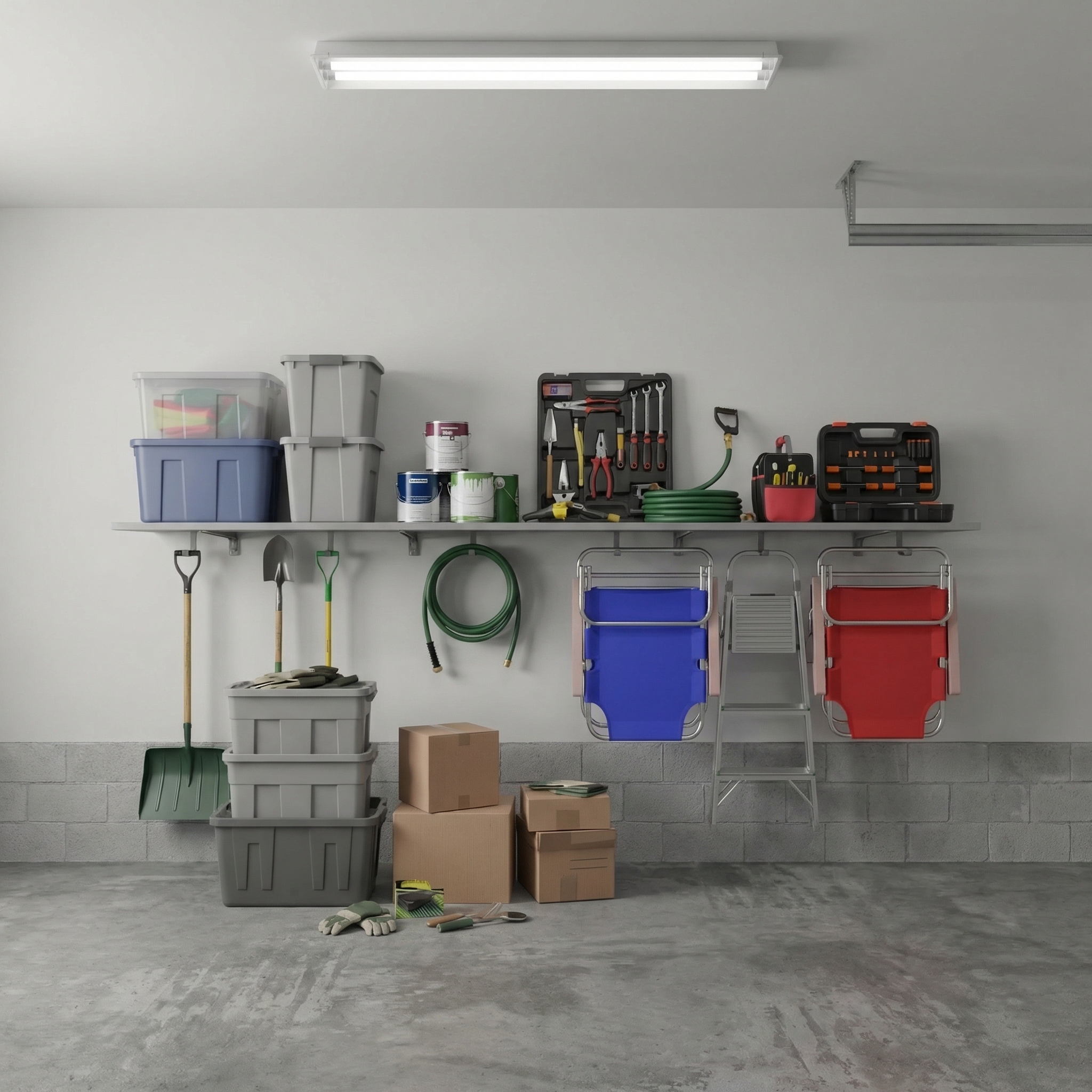 A garage storage setup with wall-mounted shelves holding bins, tools, a green hose reel, two folding chairs in blue and red, shovels, boxes, and other garage accessories against a light gray wall and concrete floor.