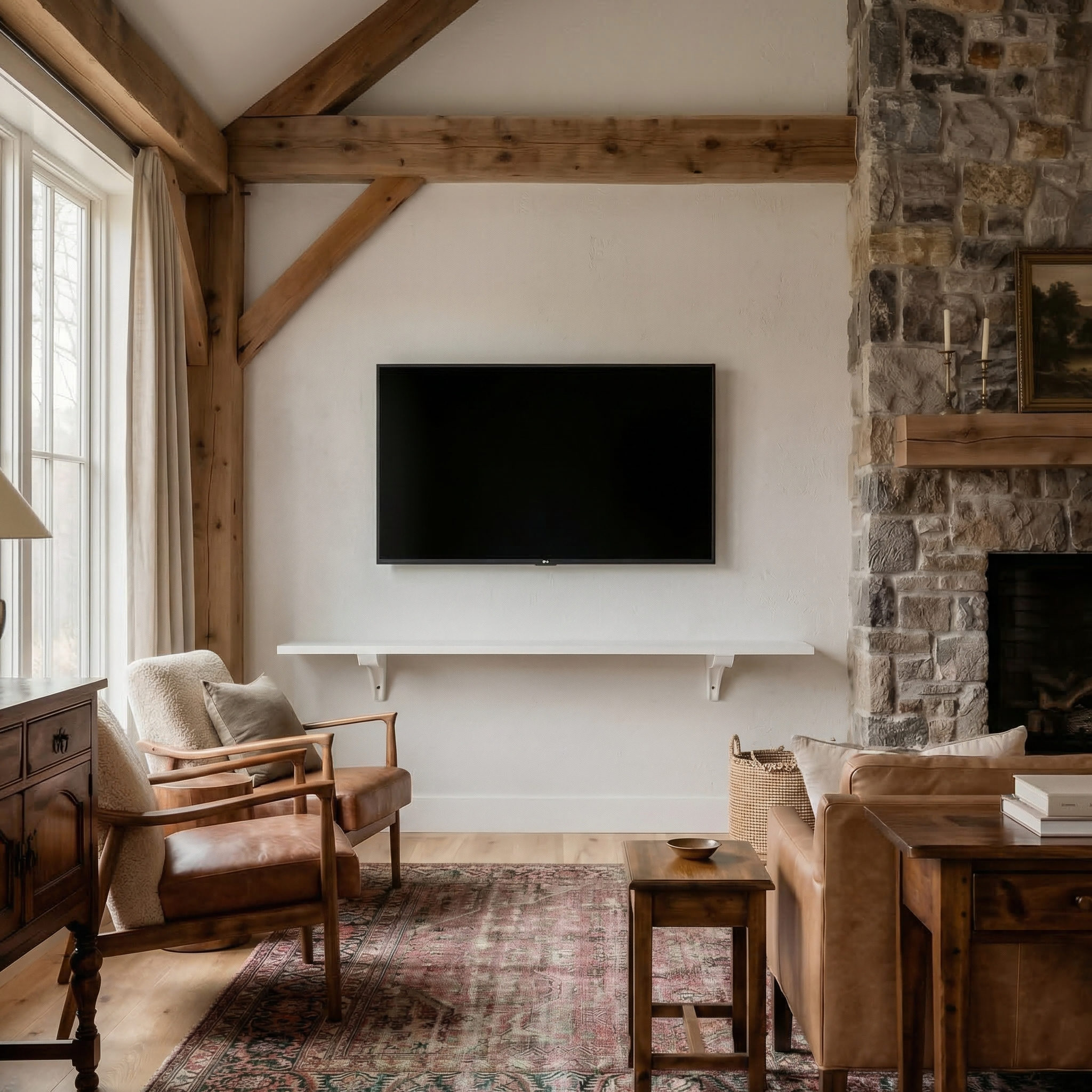Toden white modular surface installed as a minimalist floating TV console in a modern rustic living room. The 72-inch white panel is mounted beneath a wall-mounted television, framed by natural wood beams and a stone fireplace. This visual highlights the sleek "no diagonal support" design and industrial-strength brackets, demonstrating how the system provides a clean, unobstructed media storage solution in a premium residential setting.