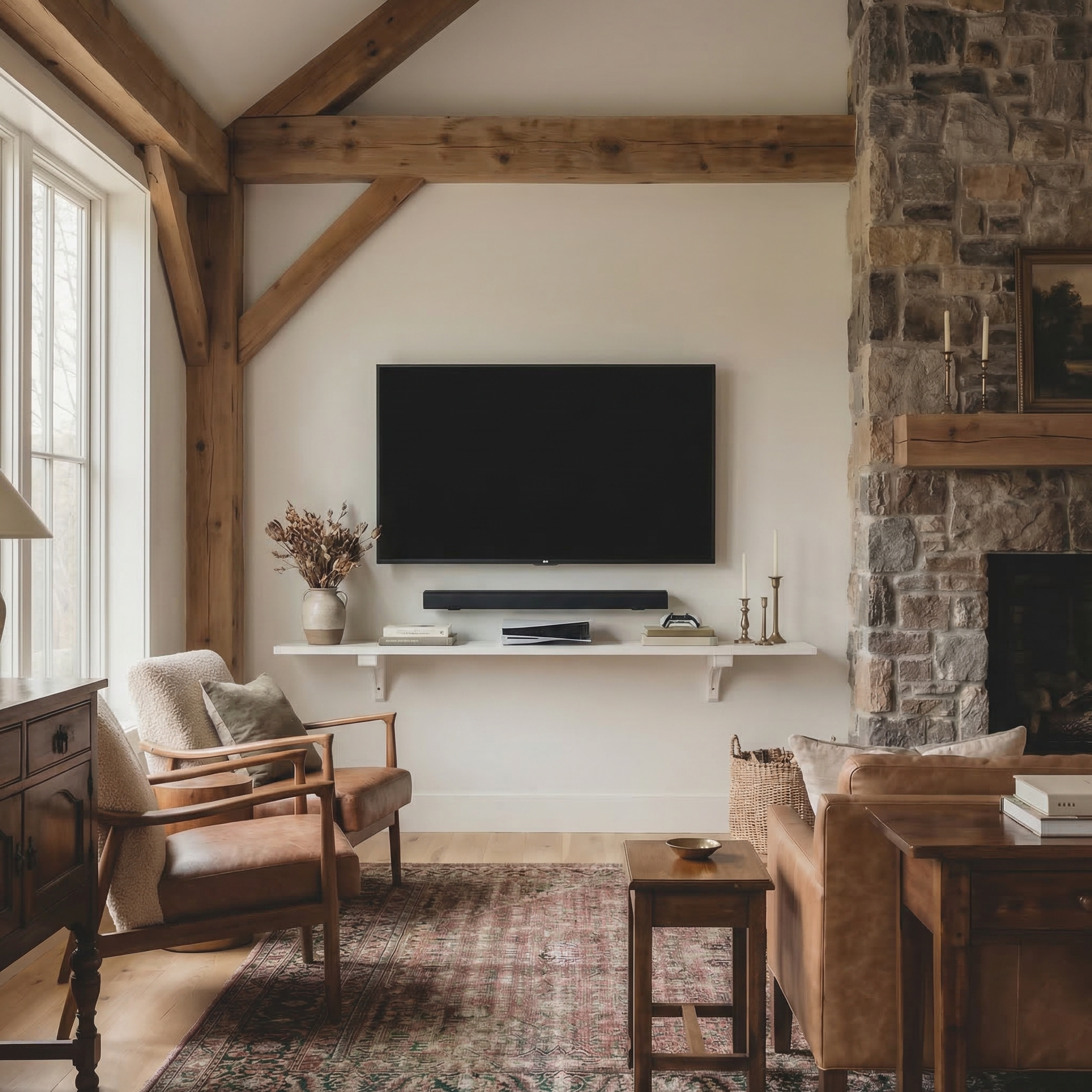 Toden white modular surface used as a sleek floating TV console in a modern rustic living room. The heavy-duty shelf is mounted on a neutral wall beneath a flat-screen TV and soundbar, nestled between a stone fireplace and exposed wood beams. The setup showcases the system's "Modern Form" and high-capacity load rating, providing a minimalist media storage solution that complements warm, natural interior textures.
