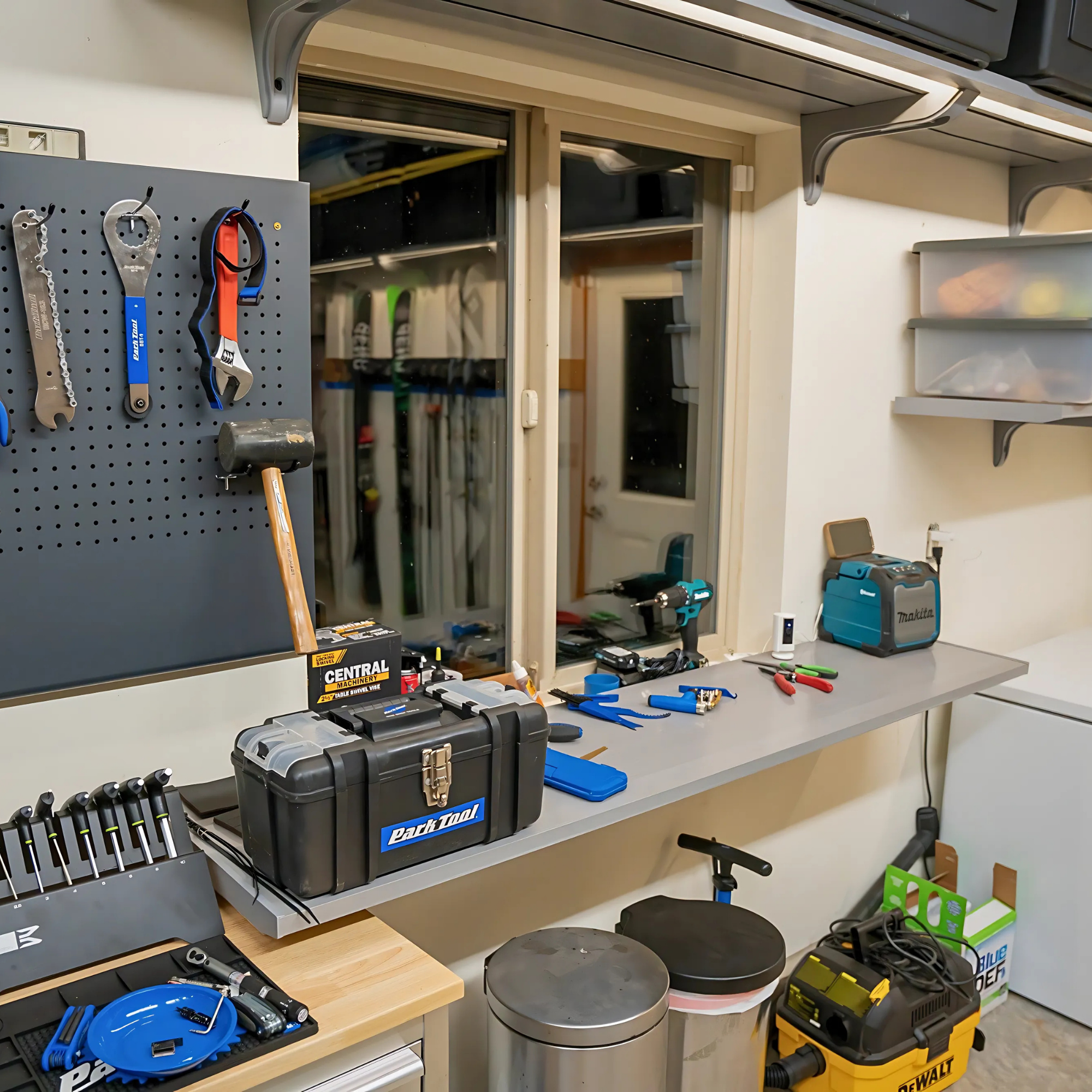 all-groups Garage workshop with tools on a Toden workbench and pegboard