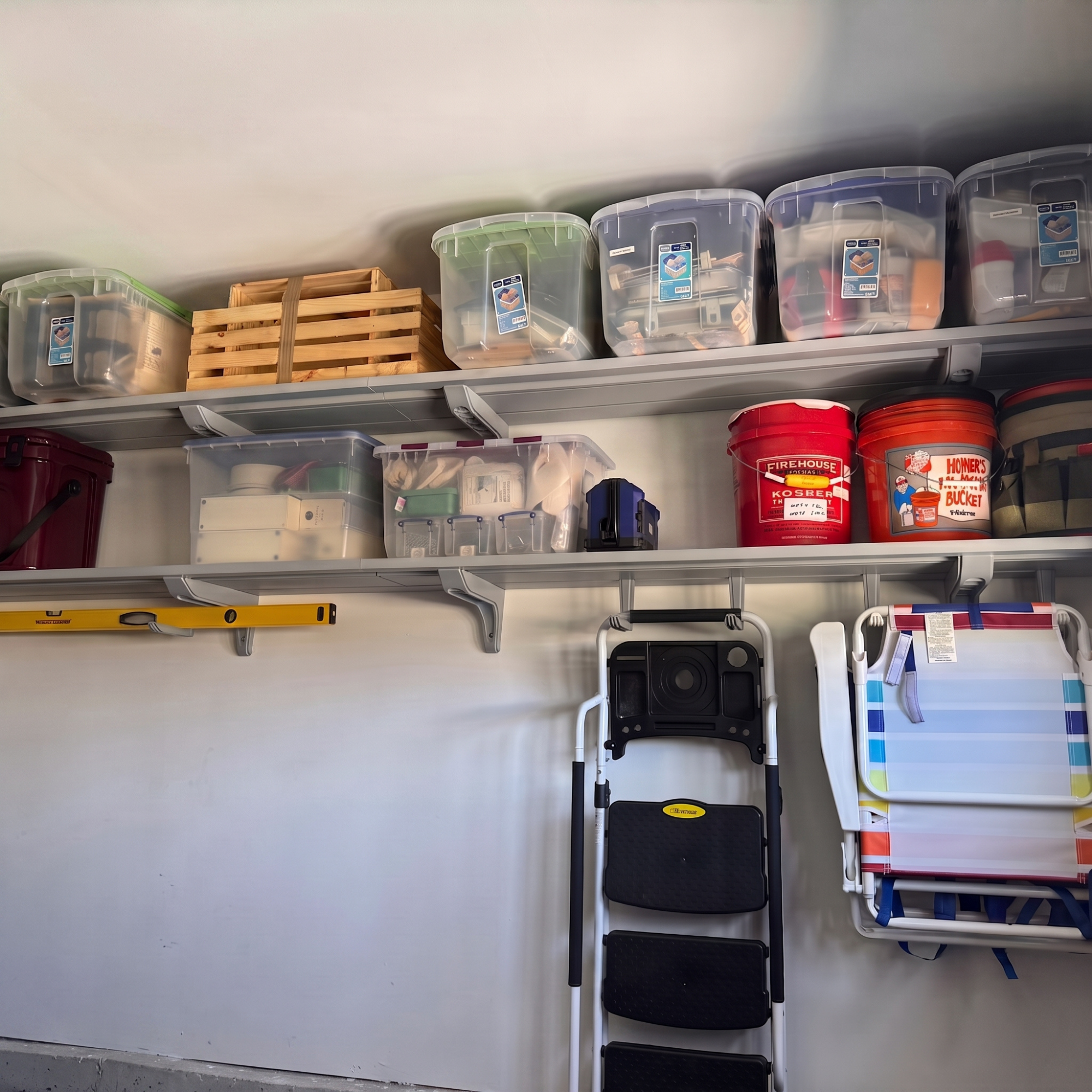A garage storage setup with metal shelves holding clear plastic bins, wooden crates, and red buckets, alongside a folding step ladder and a wall-mounted organizer rack with papers.