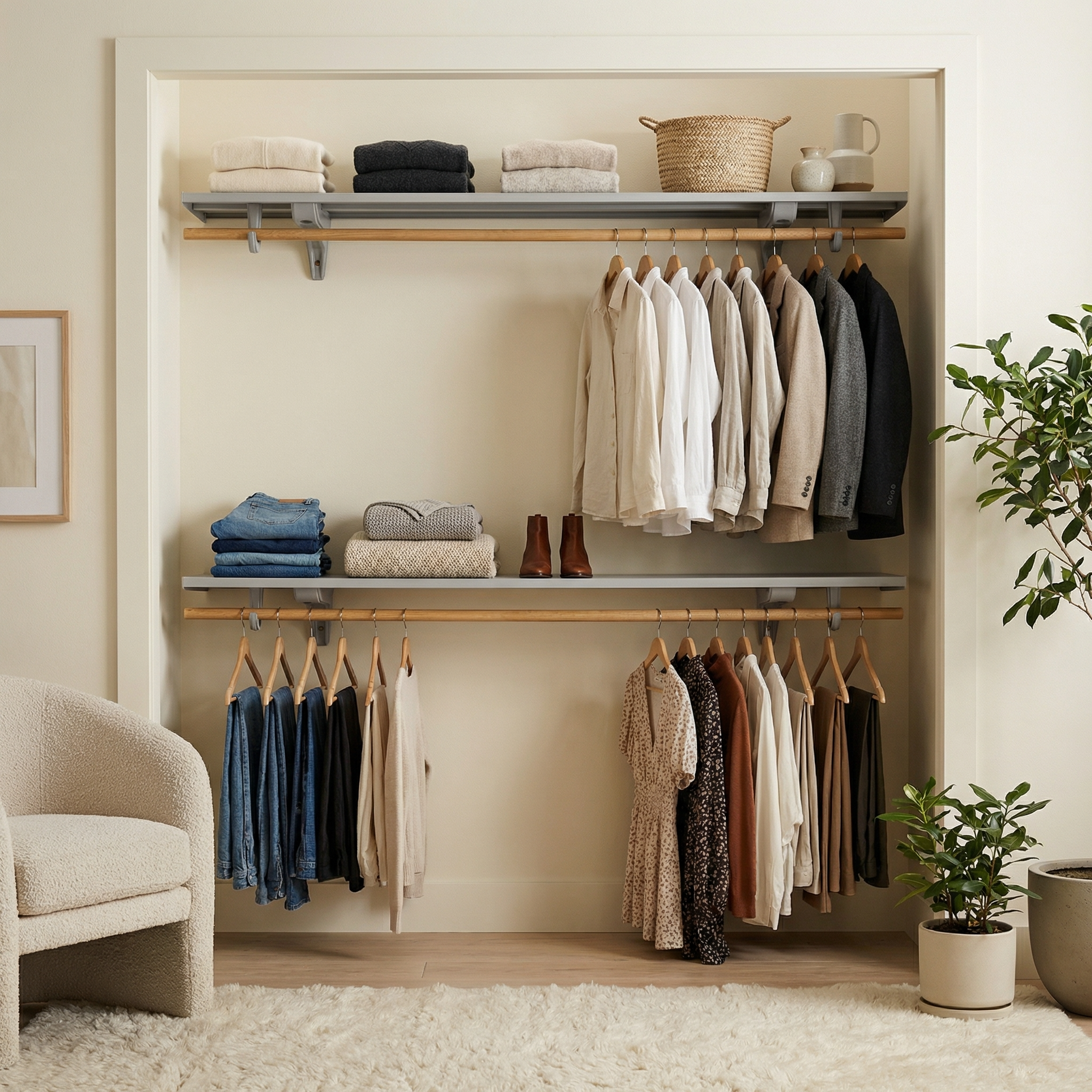 A styled closet interior with two wooden shelves holding folded towels, a woven basket, and clothing racks filled with shirts, jackets, jeans, and dresses in neutral tones. A cream chair is visible on the left, and potted plants sit on the floor on the right.