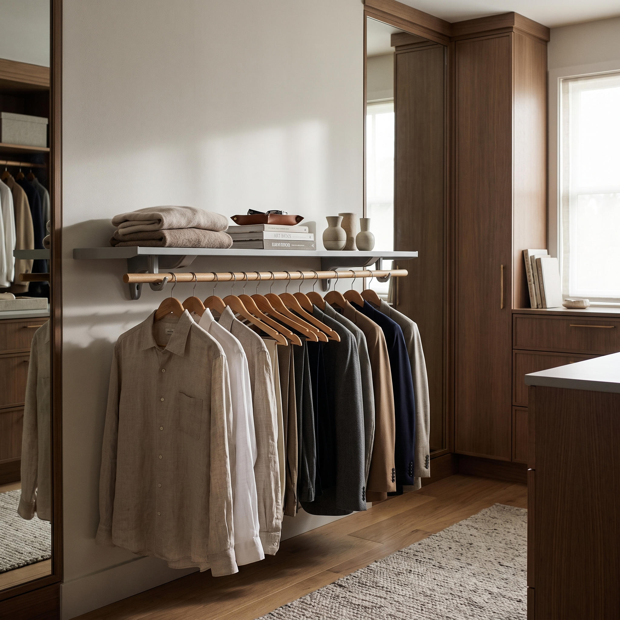 A wall-mounted clothing rack in a modern walk-in closet, holding multiple shirts on wooden hangers with folded textiles and decorative vases on a shelf above, set in warm wood cabinetry.