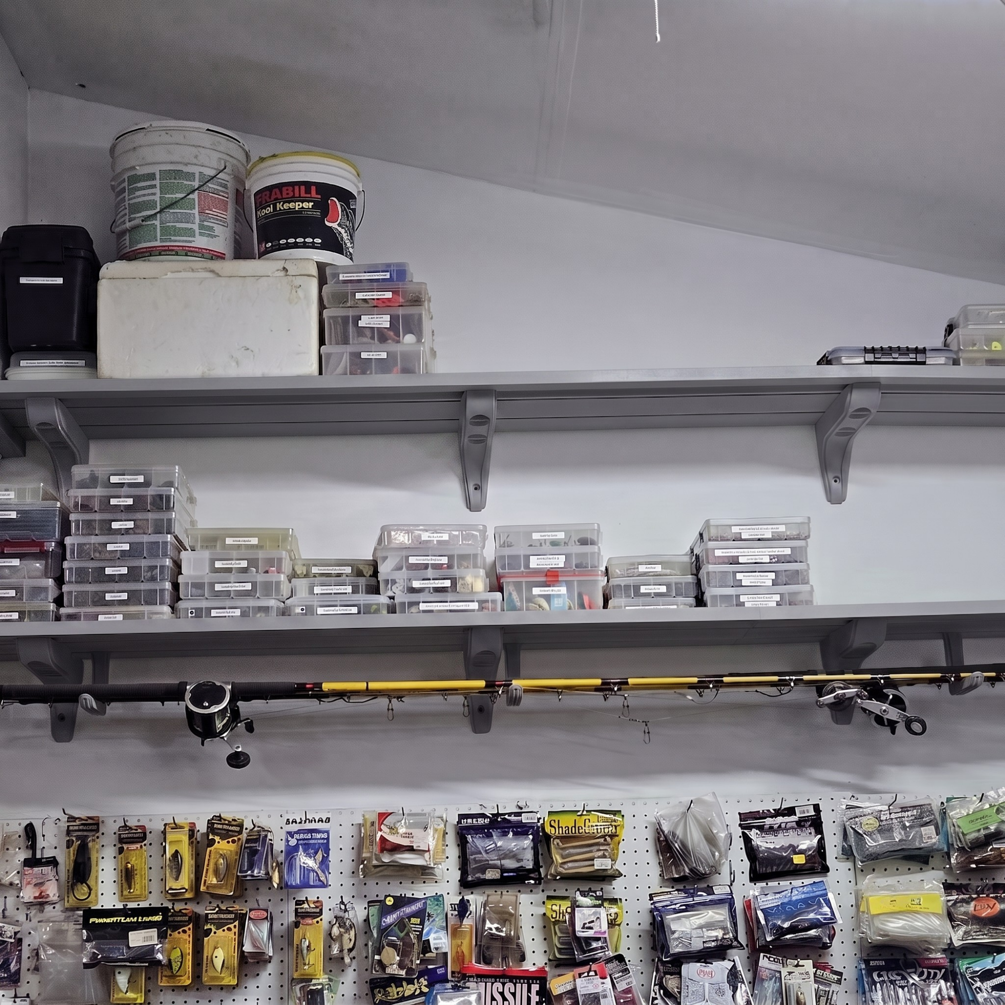 A storage area with gray shelves holding clear plastic organizer bins, fishing rods, buckets, and a pegboard below filled with packaged fishing supplies and tackle.