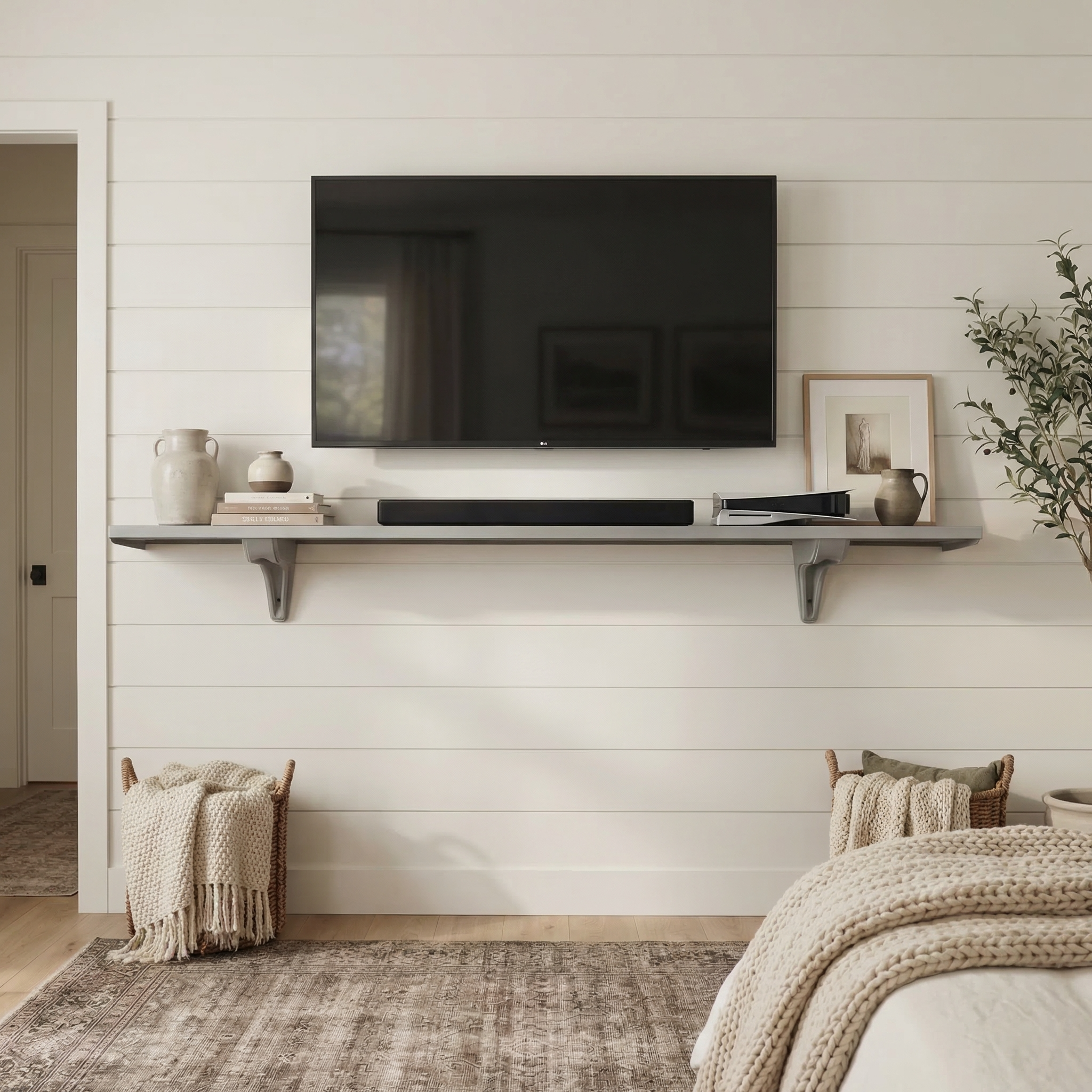 Toden gray modular surface used as a sleek floating TV console and media shelf in a modern living room. The 72-inch gray panel is mounted on a white shiplap wall beneath a large flat-screen TV, holding a soundbar and decorative items. The setup highlights the system's "Hidden Benefits" for cable management and its high-capacity load rating in a minimalist residential setting.