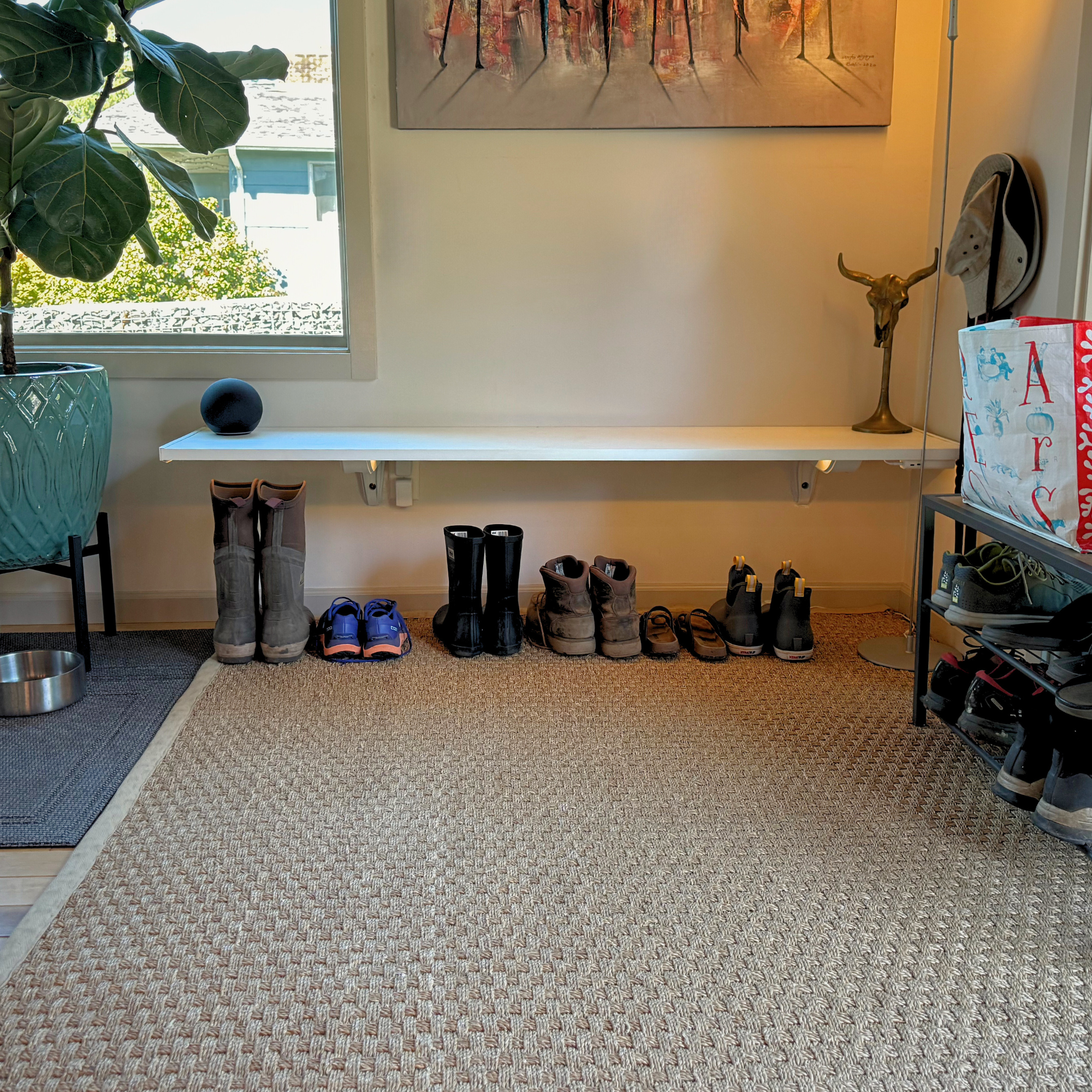 all-groups Room with shoes storage, using a Toden surface as a bench, lined up on a carpeted floor, near a window and wall art.