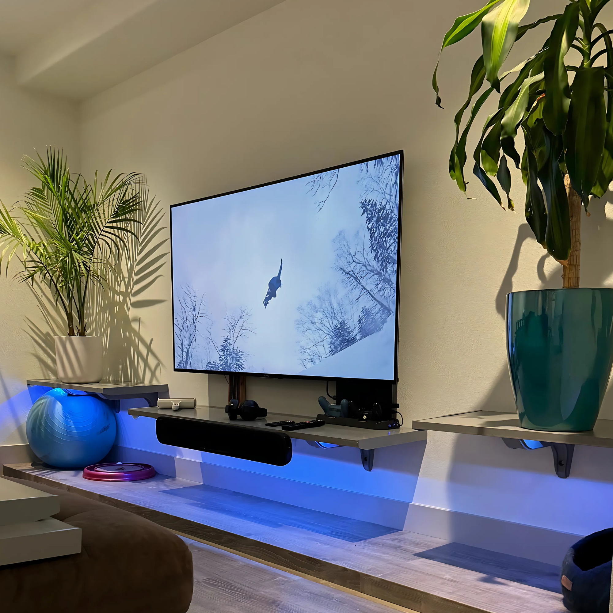 all-groups Living room with a large TV screen and Toden surface displaying a nature scene, surrounded by decorative plants and toden shelves for a DIY entertainment room