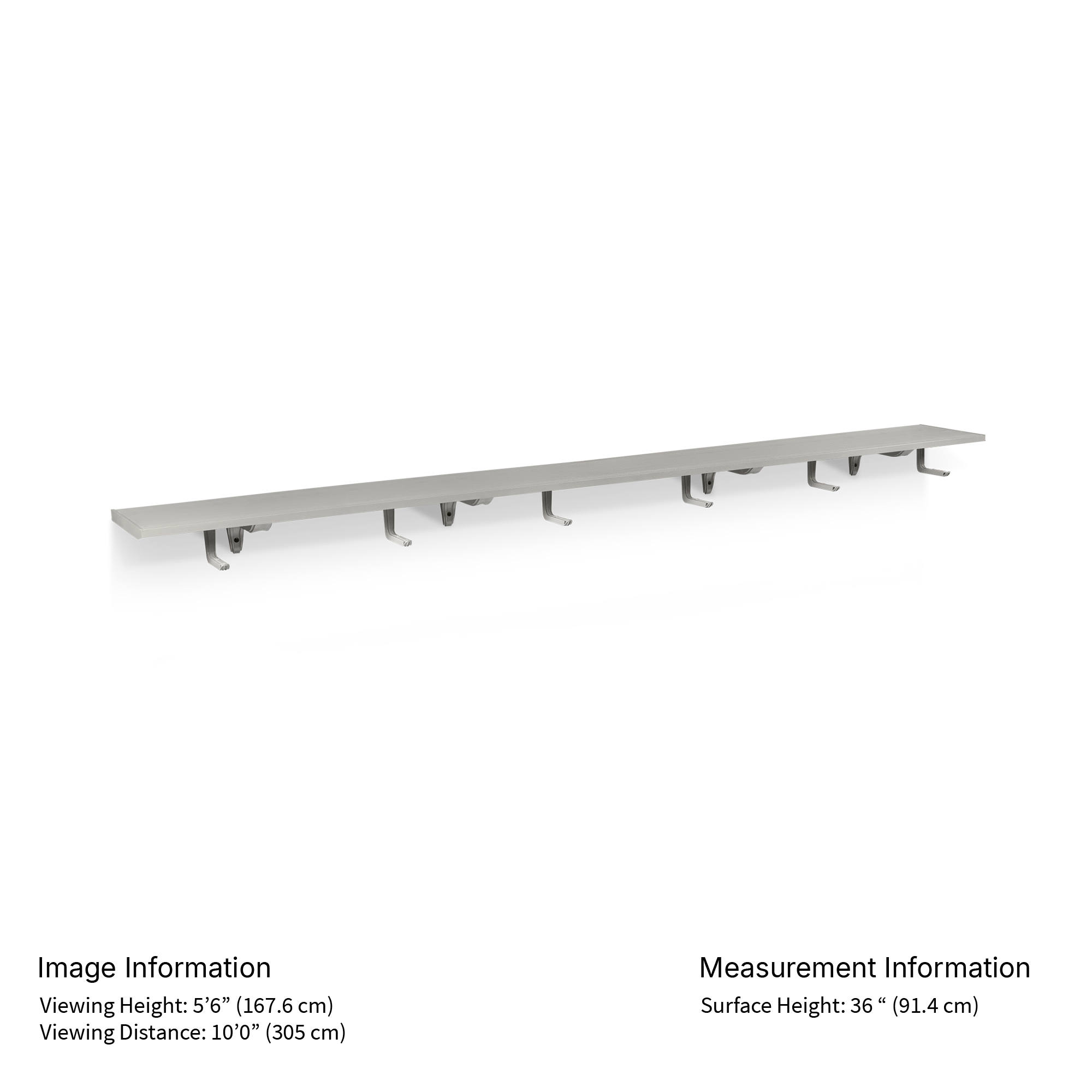 Long rectangular metal shelf on a white background with measurement details.