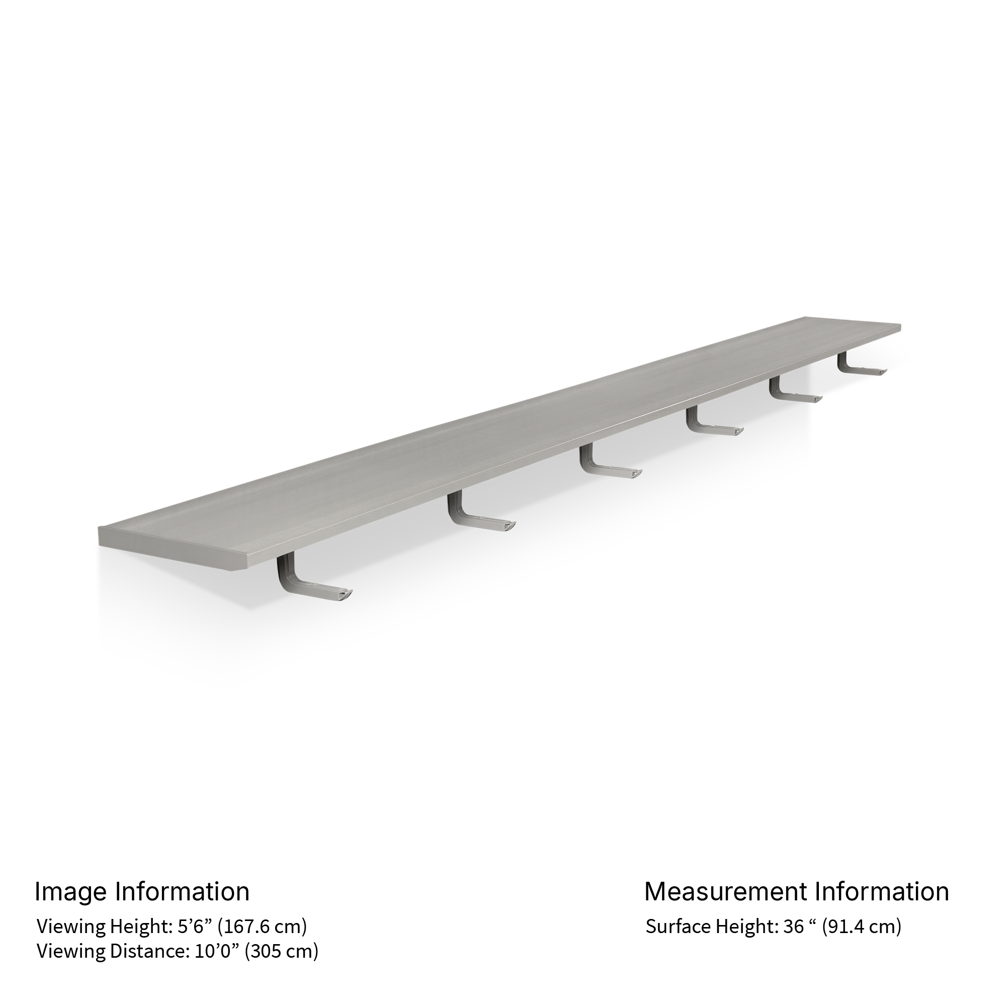 Long gray bench on a white background with measurement details.