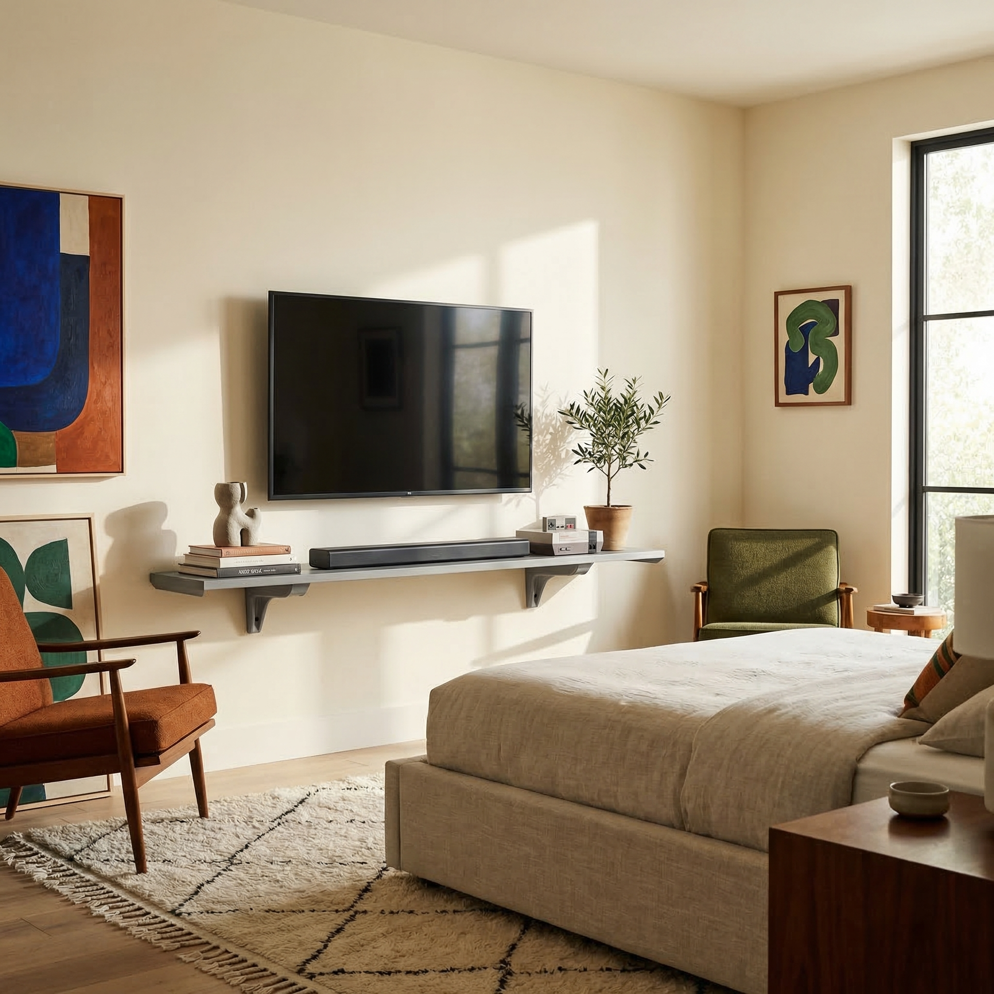 Toden gray modular surface used as a minimalist floating TV console and media shelf in a bright, modern bedroom. The 72-inch gray panel is mounted beneath a wall-mounted television, holding a soundbar, books, and a potted olive tree. The setup highlights the system's "Modern Form" and space-saving design, providing an industrial-strength storage solution that complements high-end residential decor.