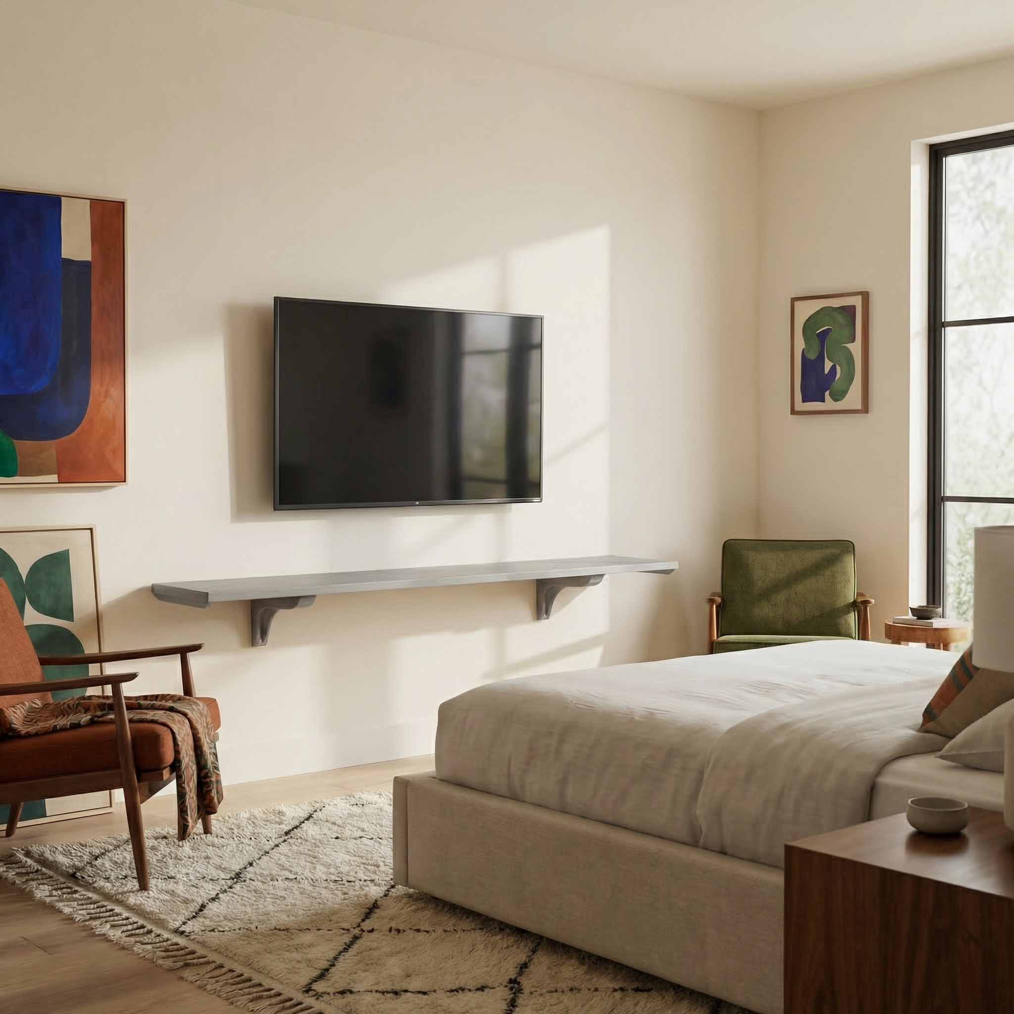 Toden gray modular surface installed as a minimalist floating TV console in a bright, modern bedroom. The 72-inch gray panel is mounted beneath a wall-mounted television, showcasing the sleek, low-profile design and industrial-strength brackets. The setup demonstrates a clean, unobstructed storage solution for a professional-grade media center in a residential setting.