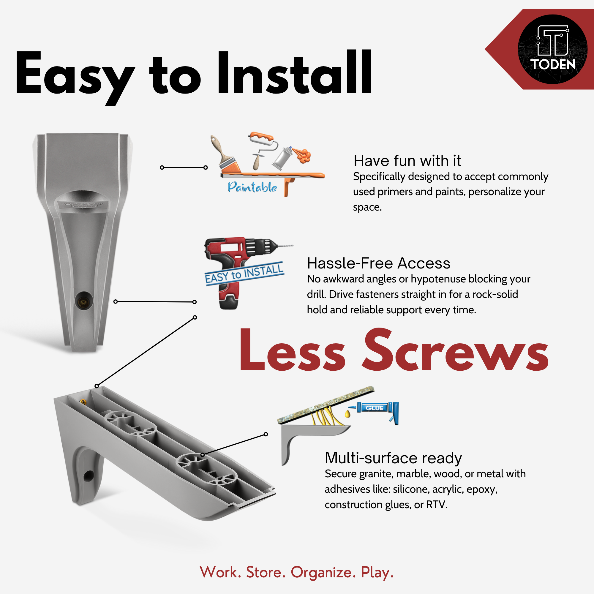all-groups Toden modular wall bracket "More Options" infographic highlighting custom features. Shows the paintable surface compatible with standard primers and paints for personalization. Demonstrates hassle-free installation access for drills without diagonal interference. Illustrates multi-surface compatibility for securing granite, marble, wood, or metal using adhesives like silicone, epoxy, or construction glue.