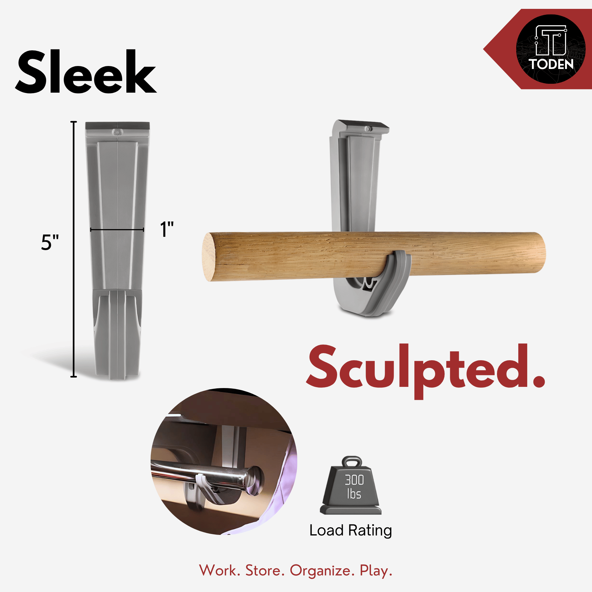 all-groups Toden sculpted closet rod bracket infographic titled "Sleek & Sculpted." It shows a 300 lbs load rating for heavy-duty garment storage. Dimensions are listed as 5 inches in height and 1 inch in width. Visuals demonstrate the bracket's compatibility with both traditional wooden rods and modern metal closet rods, integrated into the Toden modular surface.