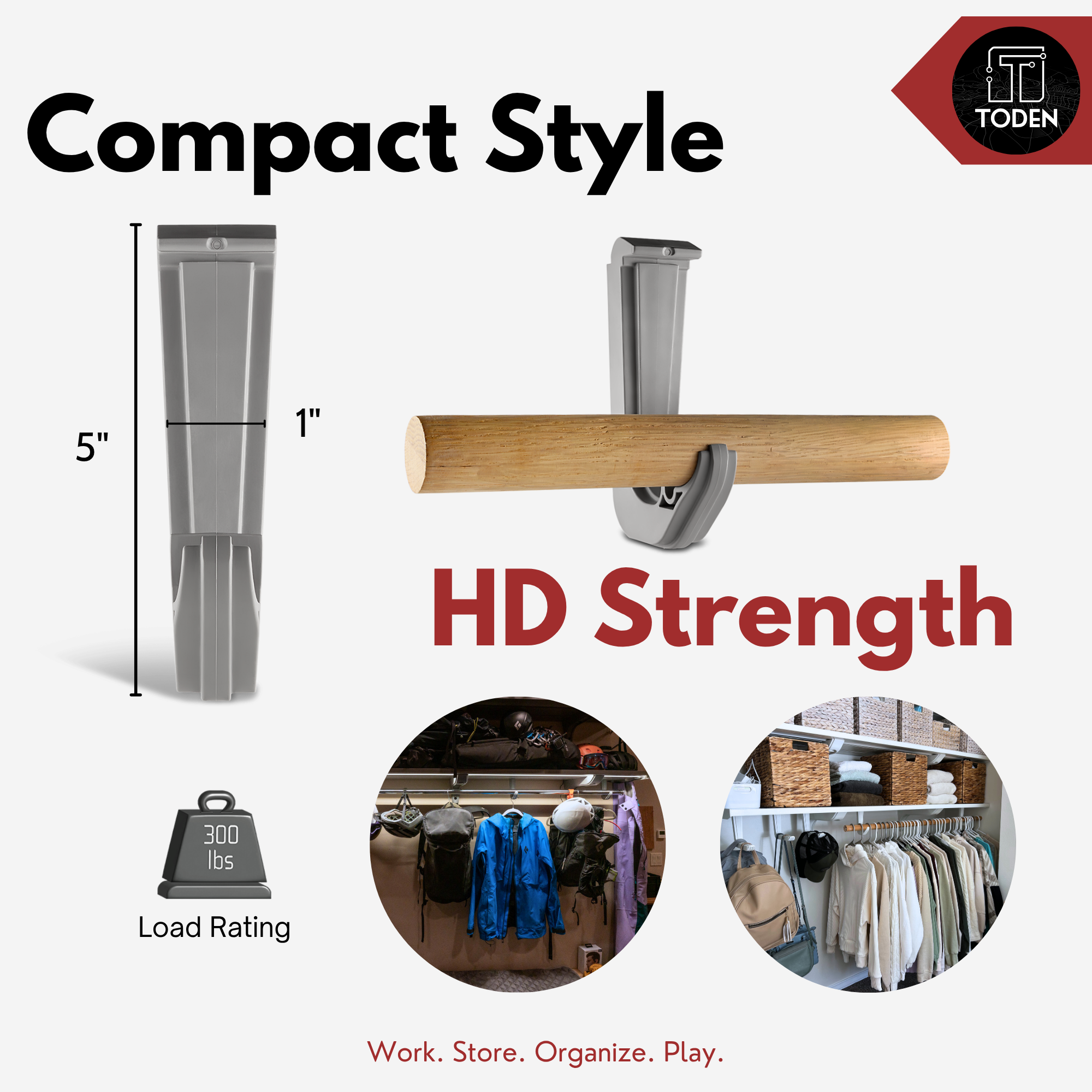 all-groups Toden sculpted closet rod bracket infographic titled "Sleek & Sculpted." It shows a 300 lbs load rating for heavy-duty garment storage. Dimensions are listed as 5 inches in height and 1 inch in width. Visuals demonstrate the bracket's compatibility with both traditional wooden rods and modern metal closet rods, integrated into the Toden modular surface.