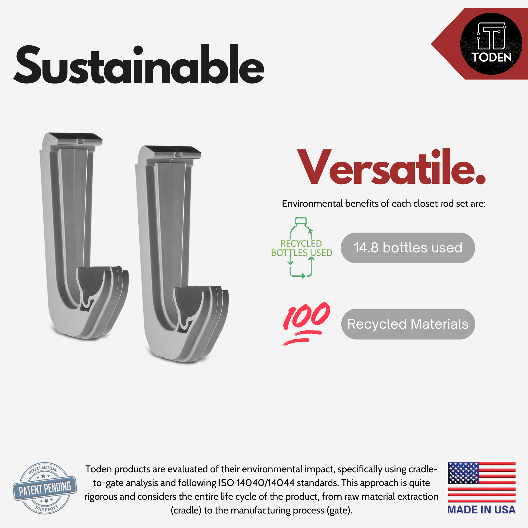 all-groups Toden Sustainable and Versatile closet rod bracket set infographic. It highlights that each set is made from 100% recycled materials, using 14.8 plastic bottles per set. Includes "Made in USA" and "Patent Pending" seals. Note mentions rigorous cradle-to-gate environmental impact analysis following ISO 14040/14044 standards.