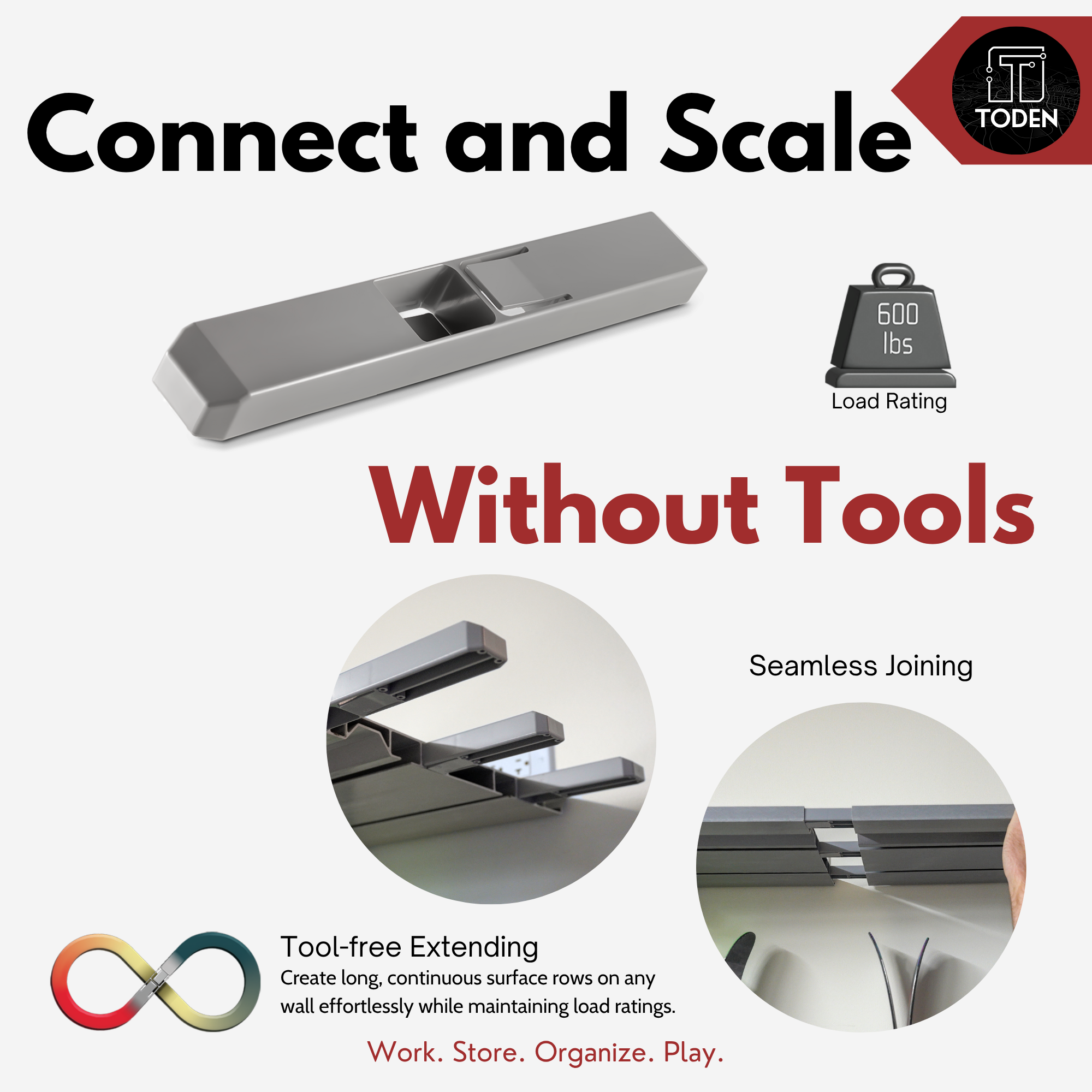 all-groups Toden modular surface extension infographic titled "Create Change Accordingly." Features "Tool-free Extending" for creating long, continuous surface rows on any wall while maintaining a 600 lbs load rating. Visuals demonstrate the gray extension sleeve connecting two modular panels for a seamless, heavy-duty shelving run.