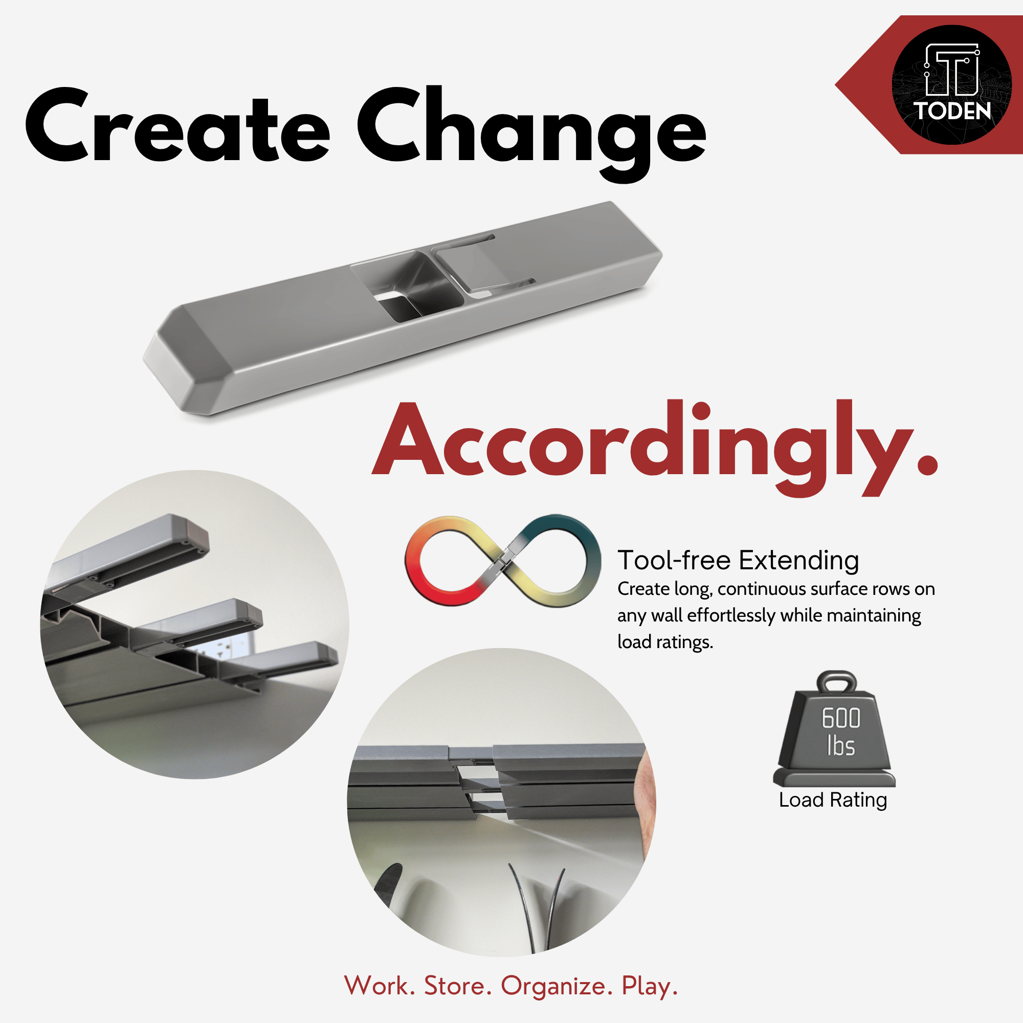 all-groups Toden modular surface extension infographic titled "Create Change Accordingly." Features "Tool-free Extending" for creating long, continuous surface rows on any wall while maintaining a 600 lbs load rating. Visuals demonstrate the gray extension sleeve connecting two modular panels for a seamless, heavy-duty shelving run.