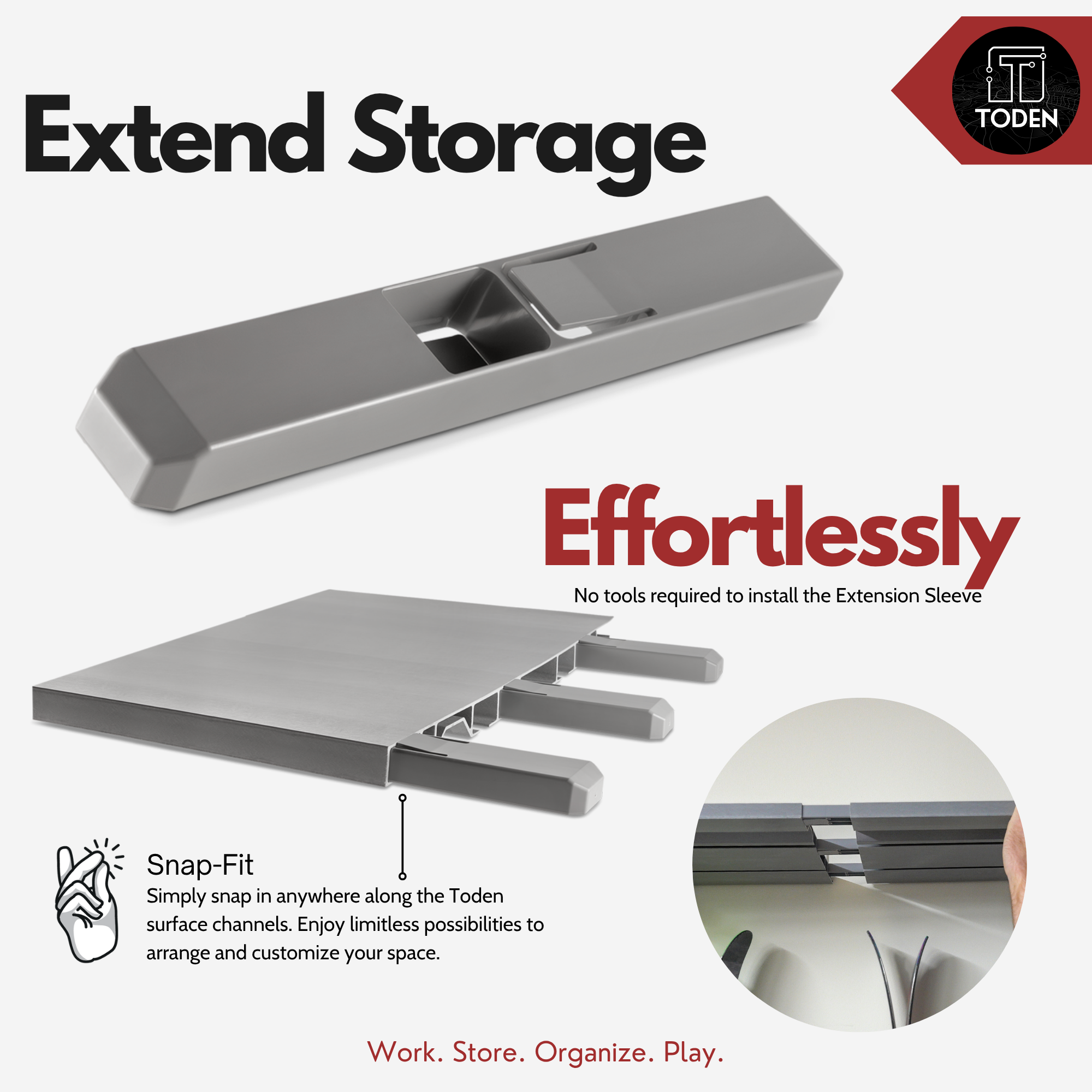 all-groups Toden extension sleeve installation infographic titled "No Tools, Less Time." It highlights the Snap-Fit design that allows the sleeve to slide effortlessly into Toden modular surface channels without hardware. The visual shows the gray connector sleeve aligning with a 1.5-inch thick modular panel to enable long, continuous shelving runs.