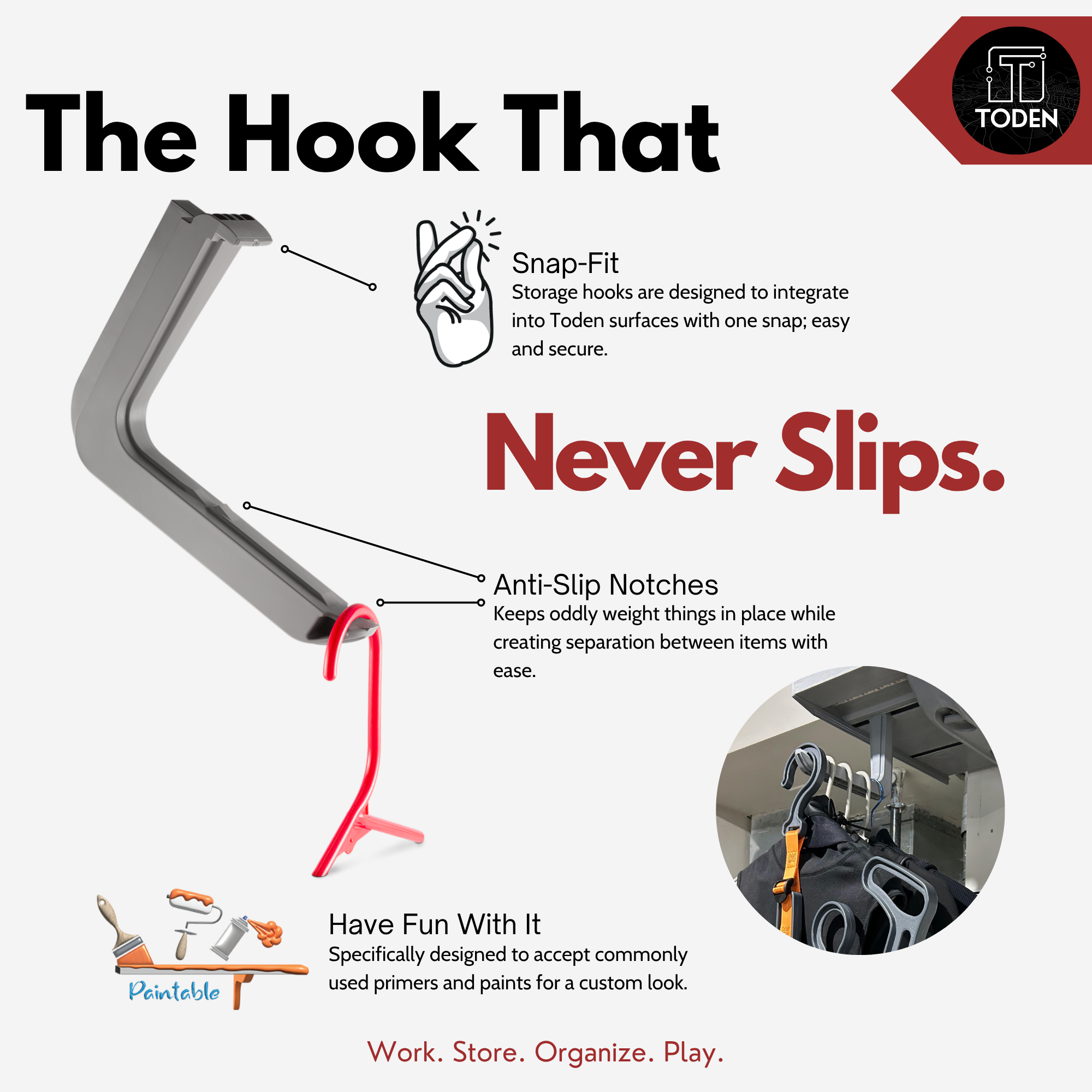 all-groups Toden storage hook infographic titled "This Hook Works Harder." Features include a tool-free Snap-Fit design for easy integration into Toden modular surfaces, Anti-Slip Notches to secure oddly weighted items and create separation, and a paintable finish compatible with standard primers and paints for a custom look. Shown holding gear bags in a garage setup.