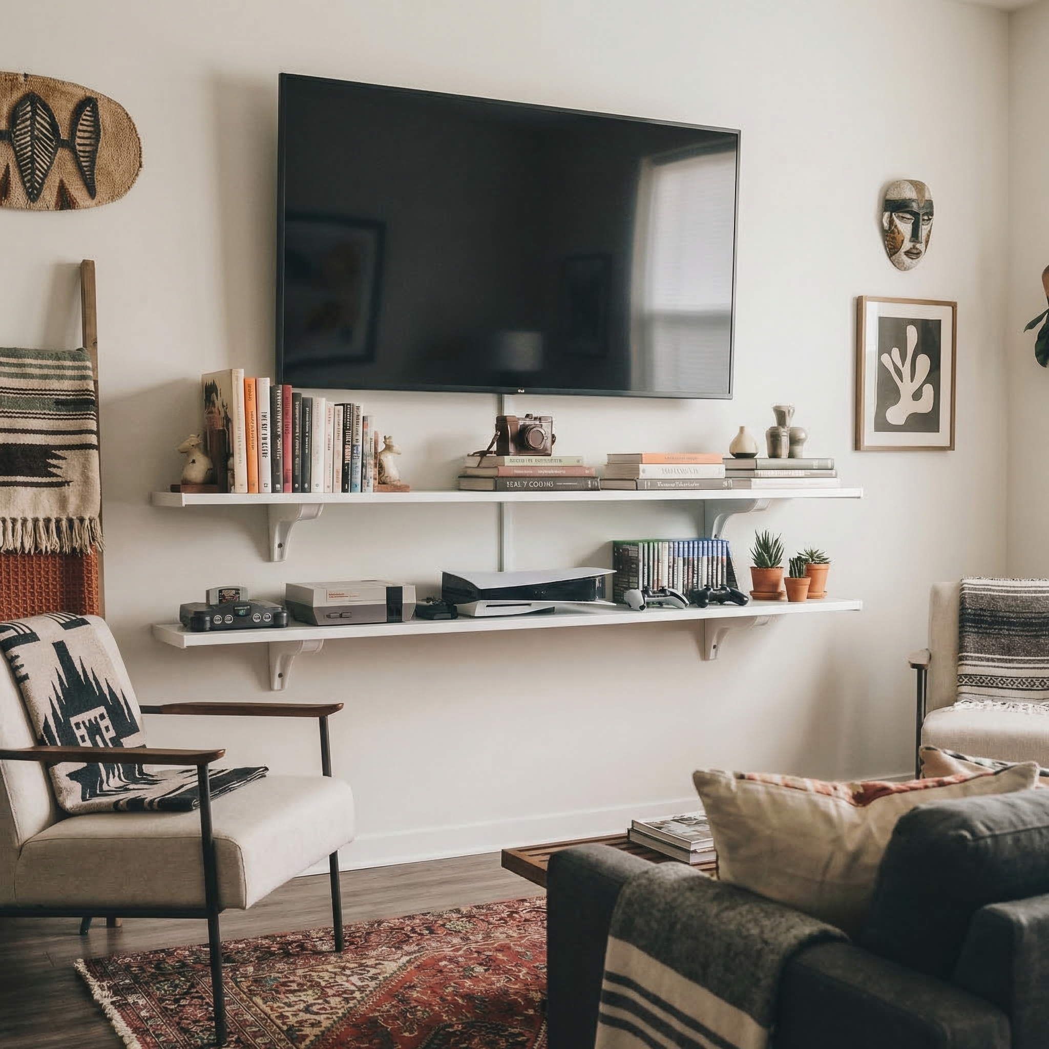 Toden white modular double-row shelving system used as a modern gaming center and media console. Two long white surfaces are mounted beneath a wall-mounted TV, holding a curated collection of books, a vintage camera, an NES classic, a PS5 console, and gaming accessories. The setup showcases the system's industrial load capacity and sleek, no-diagonal support design in a contemporary, eclectic living room.