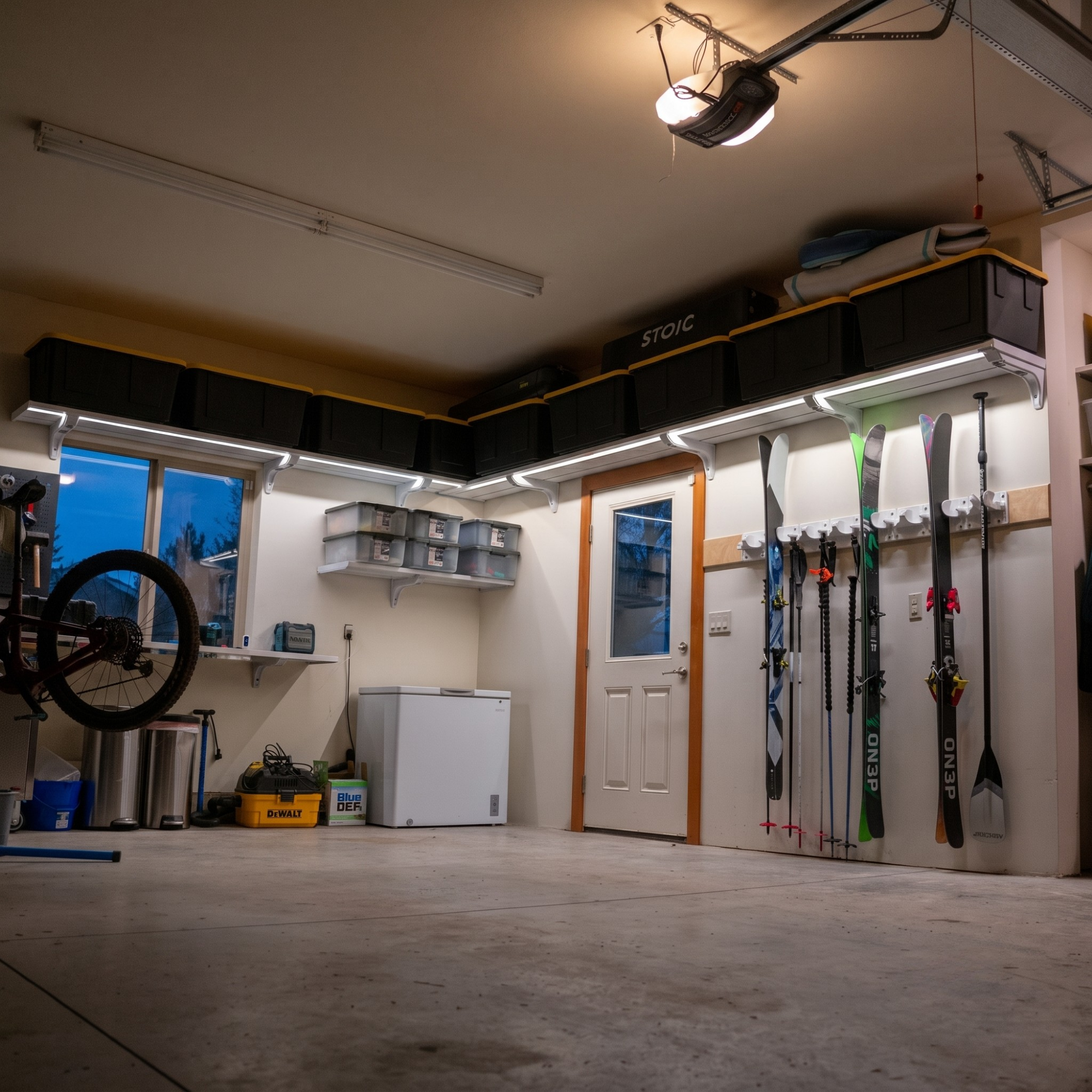 A garage storage setup with wall-mounted LED strip lights illuminating a concrete floor. Black storage bins are organized along the ceiling and walls, ski poles and skis hang on a rack on the right wall, and a white door is visible in the background.