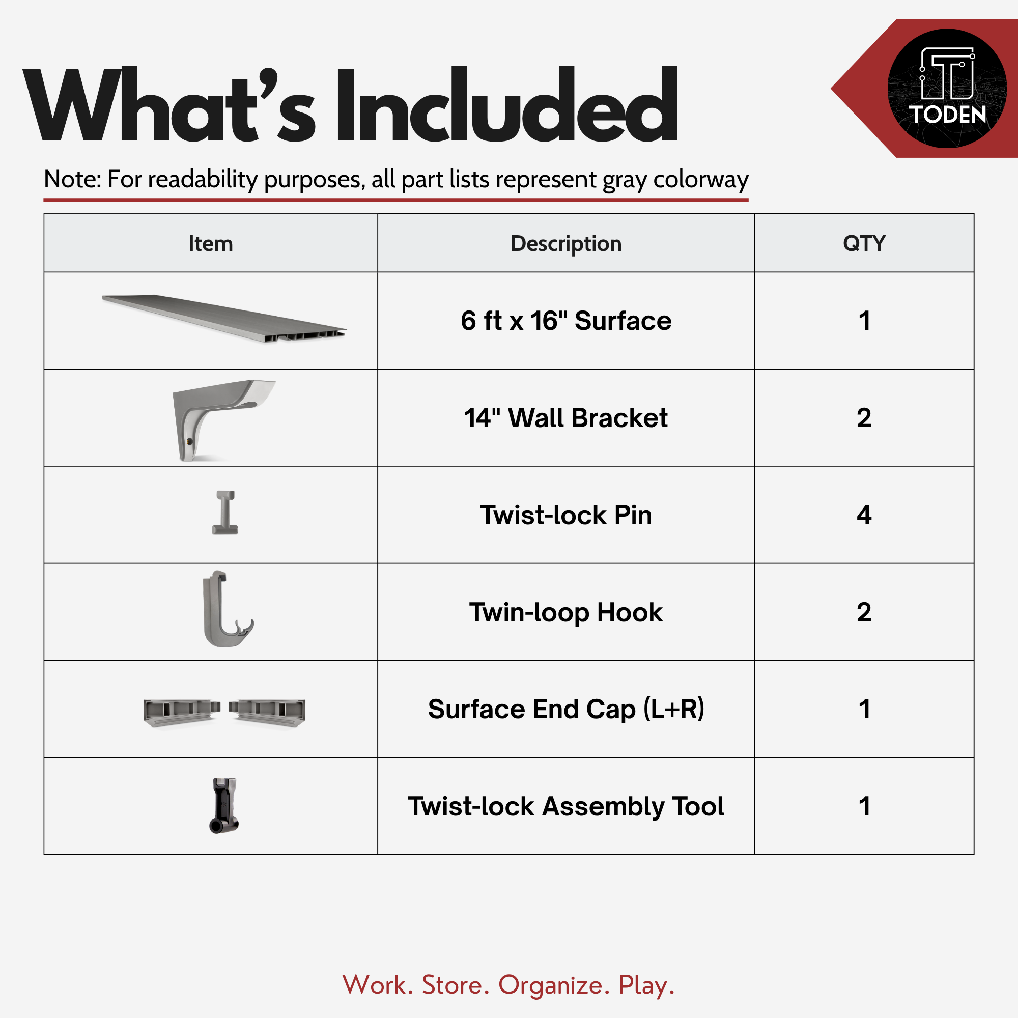 An included-items graphic for a Toden wall hook set, showing a table with part names, descriptions, and quantities on a light gray background.