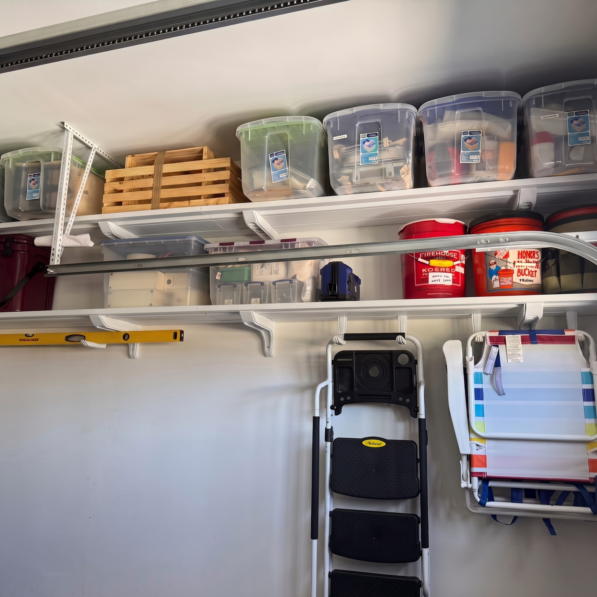 Toden heavy-duty garage storage system featuring a multi-row modular shelving configuration. White floating surfaces are mounted high on a garage wall, holding heavy plastic storage totes, toolboxes, and buckets. Integrated storage hooks and brackets are used to organize a spirit level, folding beach chairs, and a step ladder, showcasing the system's industrial load capacity and tool-free accessory integration in a high-traffic workspace.