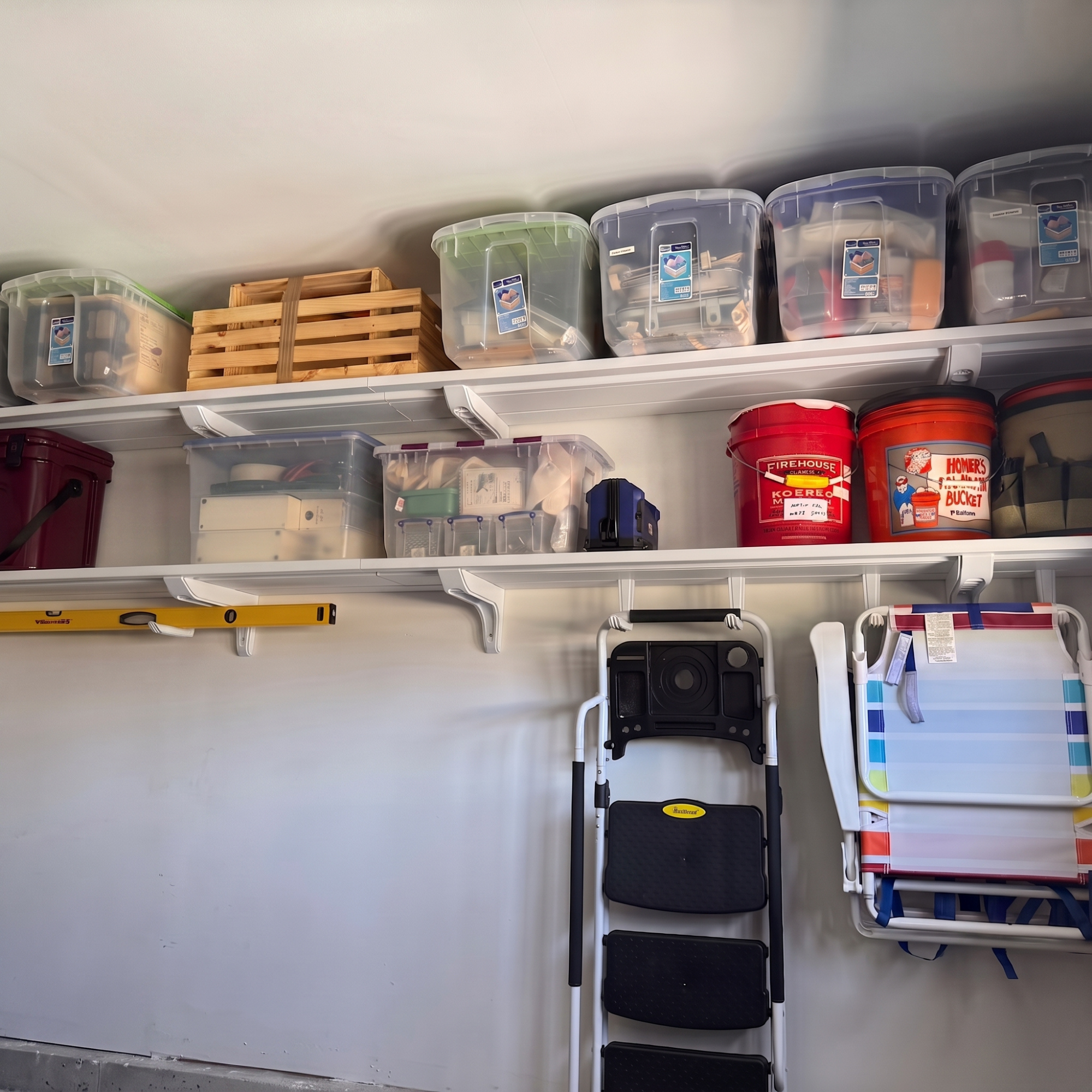 Toden heavy-duty garage storage system featuring a multi-row modular shelving configuration. White floating surfaces are mounted high on a garage wall, holding heavy plastic storage totes, toolboxes, and buckets. Integrated storage hooks and brackets are used to organize a spirit level, folding beach chairs, and a step ladder, showcasing the system's industrial load capacity and tool-free accessory integration in a high-traffic workspace.