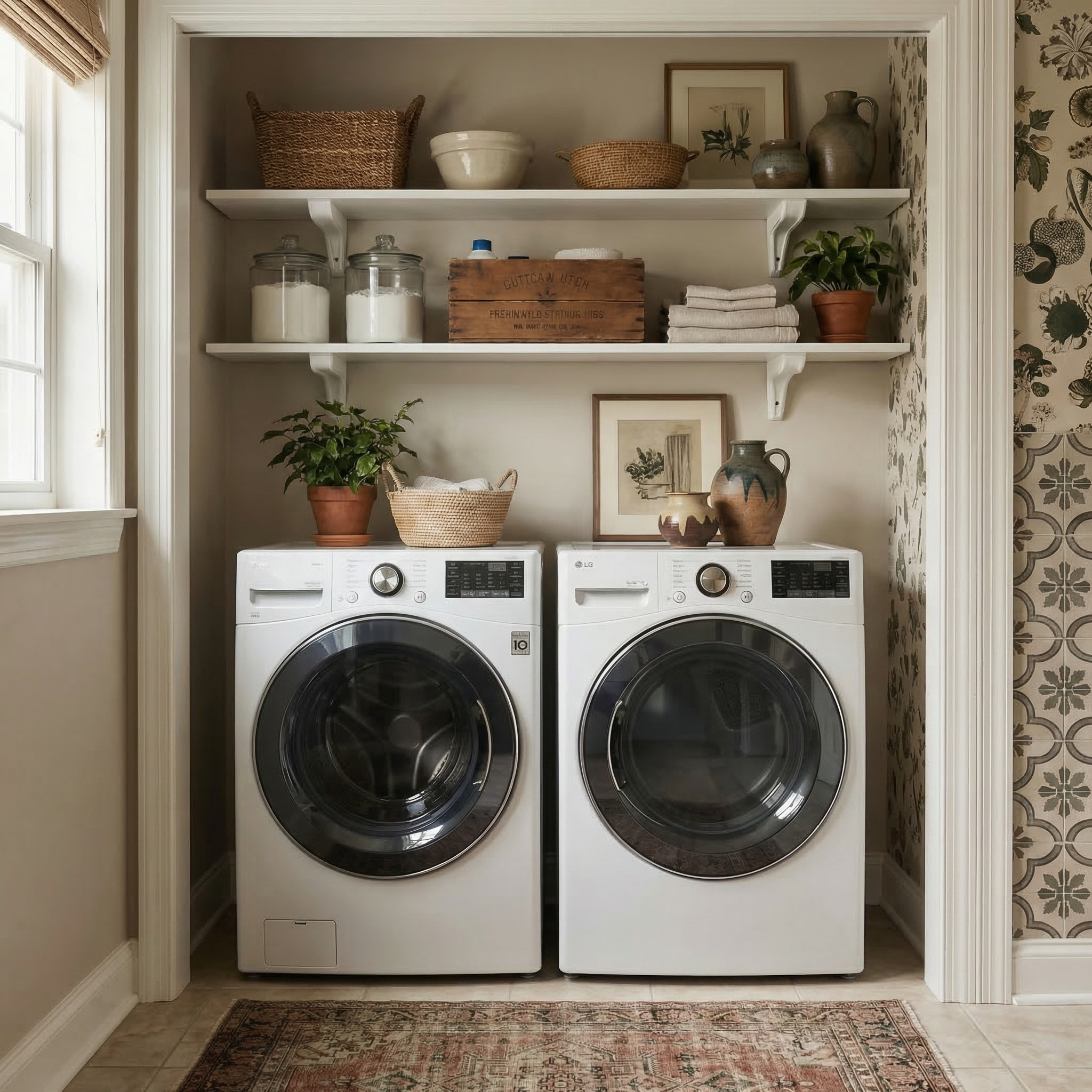 A pair of white front-load washing machines and dryers side by side in a neatly organized laundry room niche with open shelves above holding baskets, jars, folded towels, and small plants.