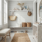 Toden modular shelving system in a bright, coastal entryway with white shiplap walls. Two white floating shelves are used as a mudroom organizer; the top shelf features integrated hooks for a woven tote bag and sun hat, while the bottom shelf holds wicker storage baskets and shoes. The setup highlights the system's sleek, no-diagonal support design in a premium residential interior.
