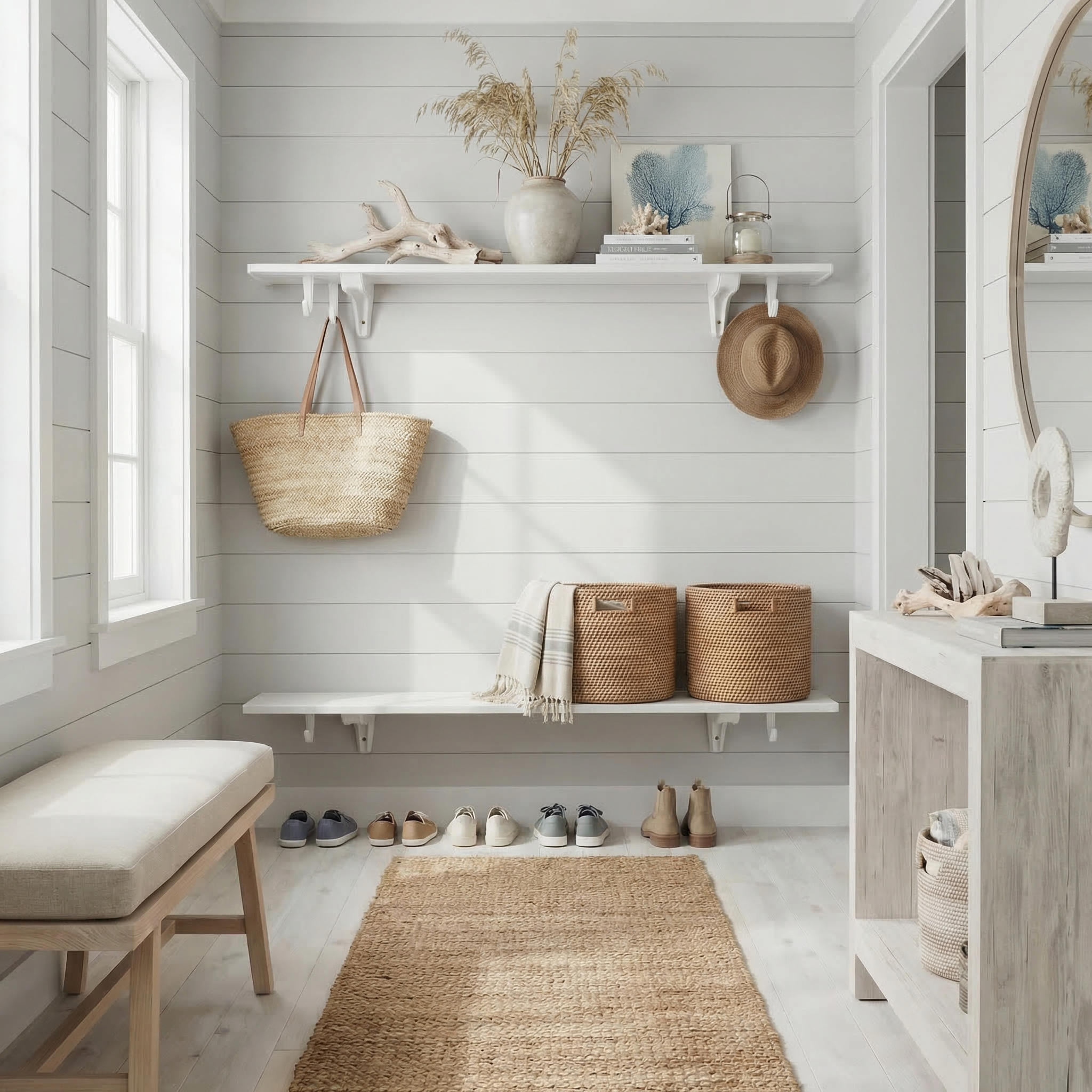 Toden modular shelving system in a bright, coastal entryway with white shiplap walls. Two white floating shelves are used as a mudroom organizer; the top shelf features integrated hooks for a woven tote bag and sun hat, while the bottom shelf holds wicker storage baskets and shoes. The setup highlights the system's sleek, no-diagonal support design in a premium residential interior.
