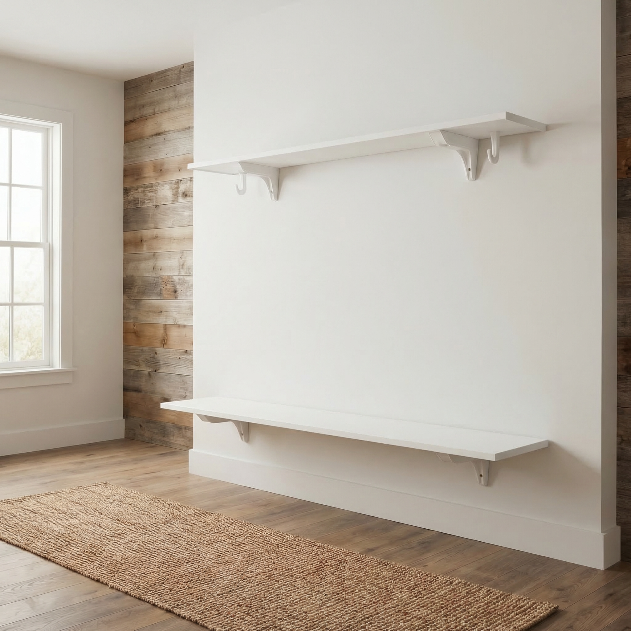 Toden white modular shelving system installed in a minimalist entryway. Two long, white floating shelves are mounted with industrial-strength brackets and integrated snap-fit hooks. This visual highlights the ultra-slim profile and the "no-diagonal support" design, creating a clean, unobstructed storage solution against a neutral wall.