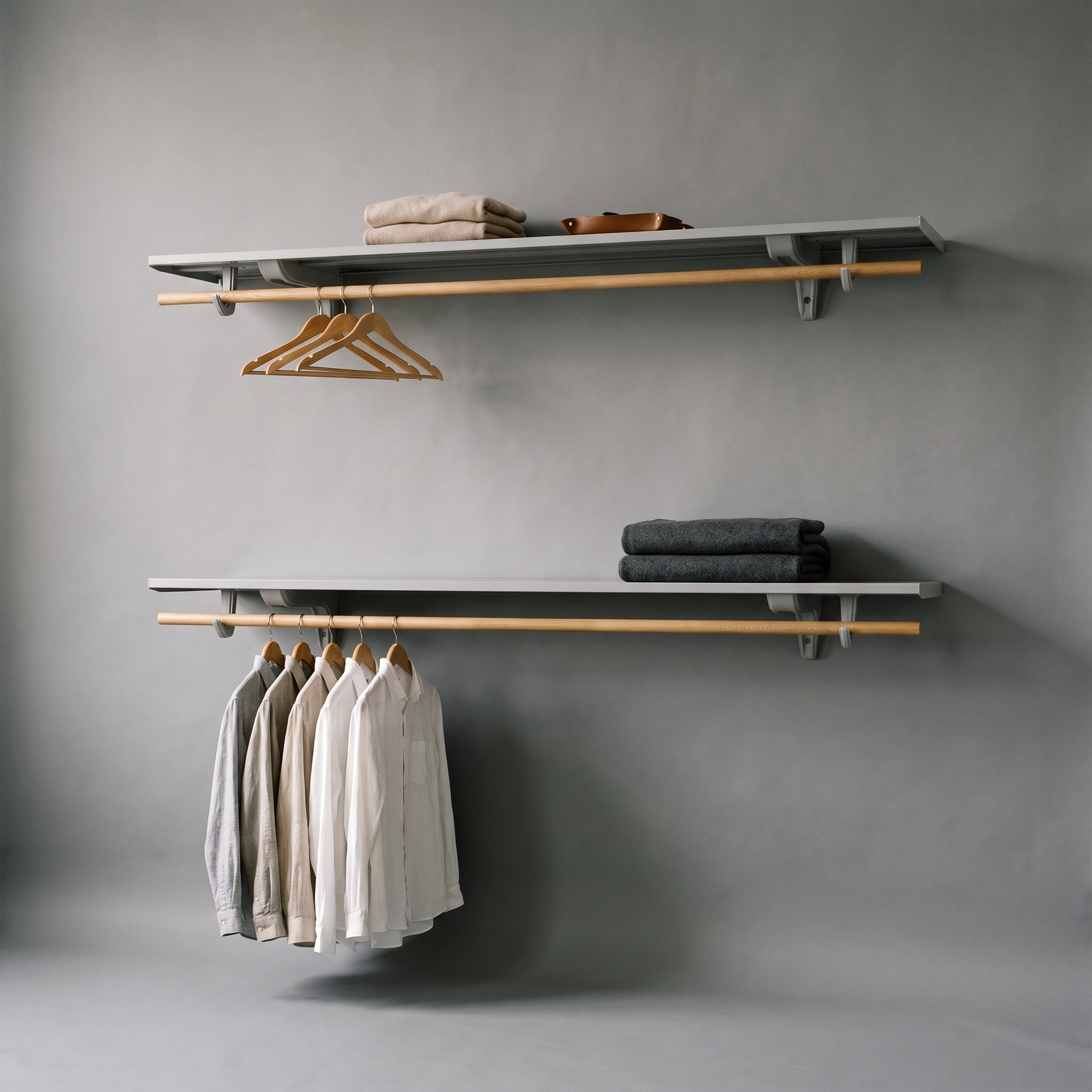 Two minimalist floating shelves mounted on a gray wall, styled with folded beige and dark gray textiles and light wood hangers, against a clean gray studio background.