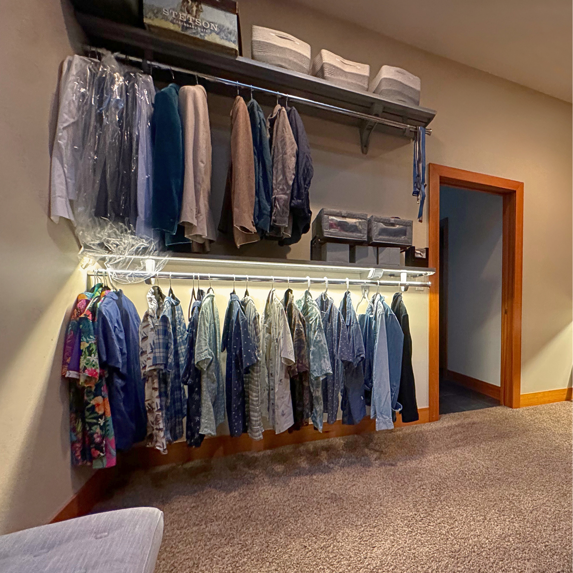all-groups Closet with hanging clothes and shelves in a room, high end DIY closet makeovers