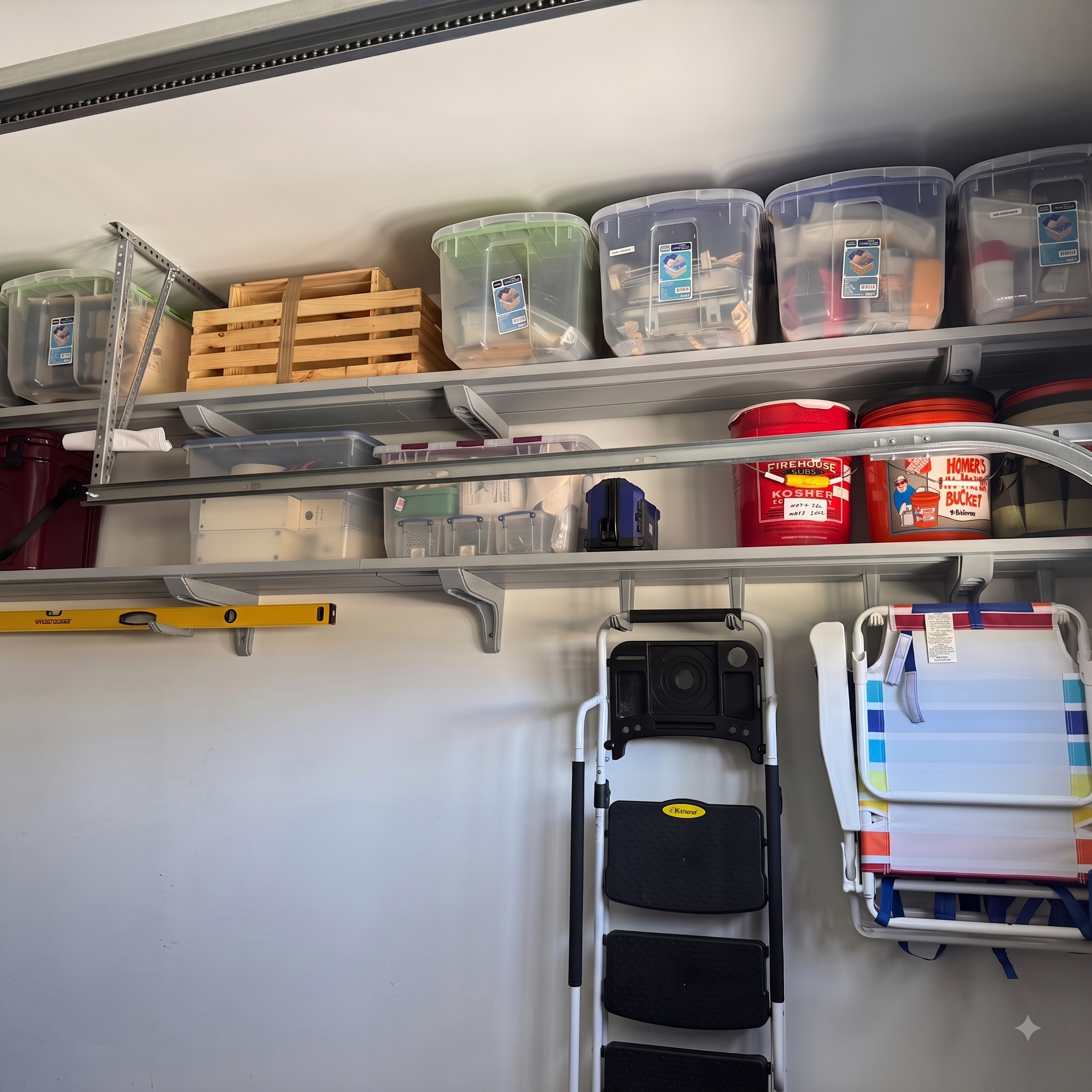 A garage storage setup with metal shelves holding clear plastic bins, wooden crates, and red buckets, alongside a folding step ladder and a wall-mounted organizer rack with papers.