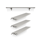 Three silver aluminum floating shelves with matching wall brackets, shown from different angles on a white background.