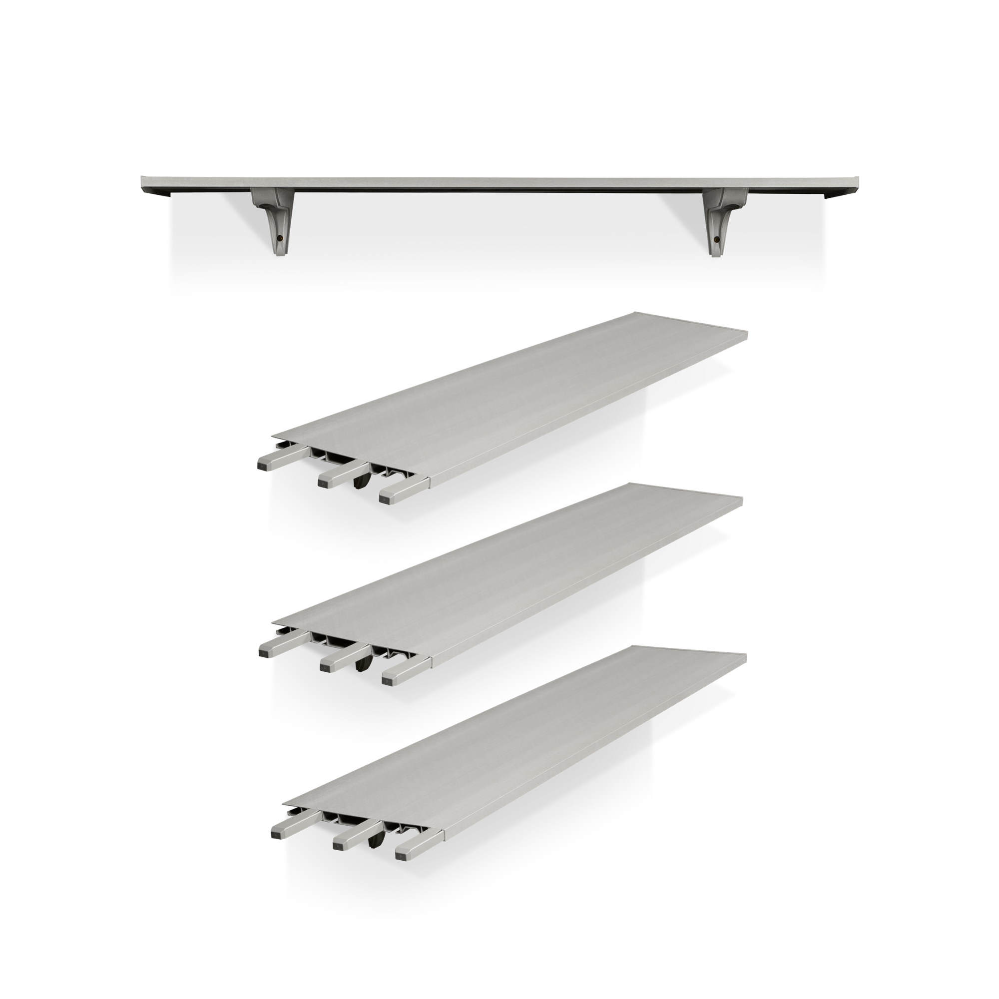 Three silver aluminum floating shelves with matching wall brackets, shown from different angles on a white background.
