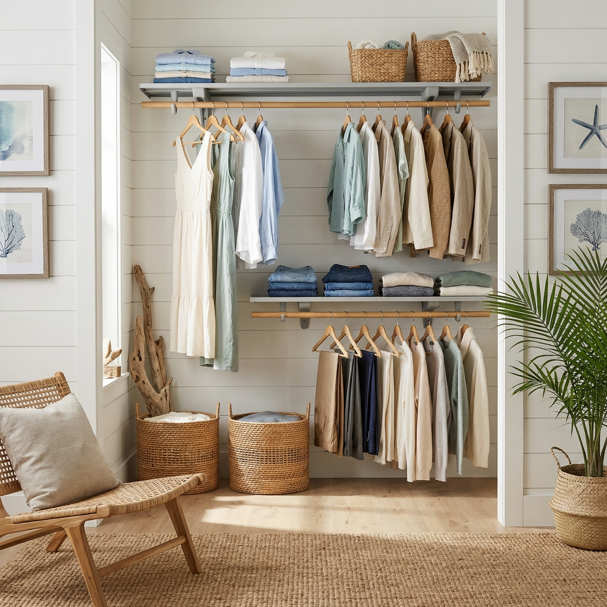 A styled closet interior with shelves and hangers holding folded and hanging clothing in soft neutral tones, alongside woven baskets, framed wall art, a chair, and a potted plant.