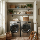Toden gray modular laundry closet shelving system with a double-row configuration. Two long gray surfaces are mounted on a patterned wallpaper backdrop above a stainless steel washer and dryer set. The shelves are styled with wicker baskets, glass jars, and plants, showcasing the industrial-strength brackets and sleek, no-diagonal support design in a curated, space-saving residential laundry nook.
