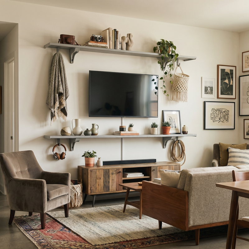Toden gray modular shelving system used as a double-row media and decor wall in a warm, modern living room. Two long gray surfaces frame a wall-mounted TV, styled with books, ceramics, and indoor plants. Integrated storage hooks are used to organize headphones, a throw blanket, and macrame decor. The setup demonstrates how the industrial-strength system integrates into a premium residential interior with a clean, no-diagonal support design.