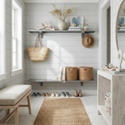 Toden modular shelving system in a bright coastal mudroom with white shiplap walls. Two gray floating shelves are mounted as an entryway organizer; the top shelf uses integrated hooks for a woven tote bag and a straw hat, while the bottom shelf stores wicker baskets and shoes. The setup highlights the industrial-strength brackets’ ability to blend seamlessly into high-end residential decor.