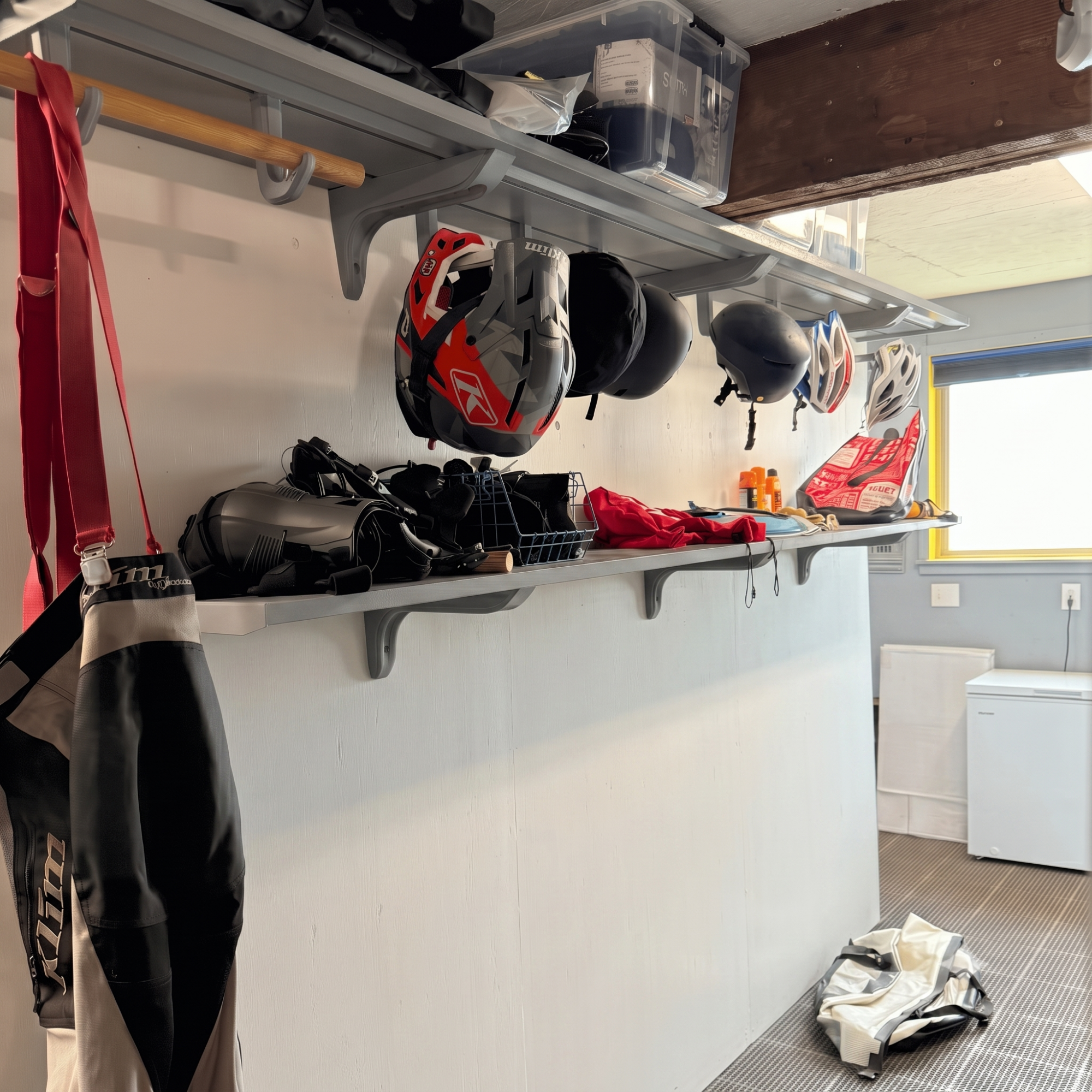 A storage area with metal shelves holding multiple bicycle helmets, bags, and gear against a white wall, with a window and radiator visible in the background.