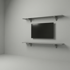 gray Toden gray modular double-row shelving system configured as a minimalist floating TV console and upper media shelf. Two long gray panels are mounted around a wall-mounted television, showcasing the industrial-strength brackets and sleek "no diagonal support" design. The visual highlights the system's "Modern Form" and high-capacity storage for a professional-grade home entertainment center.