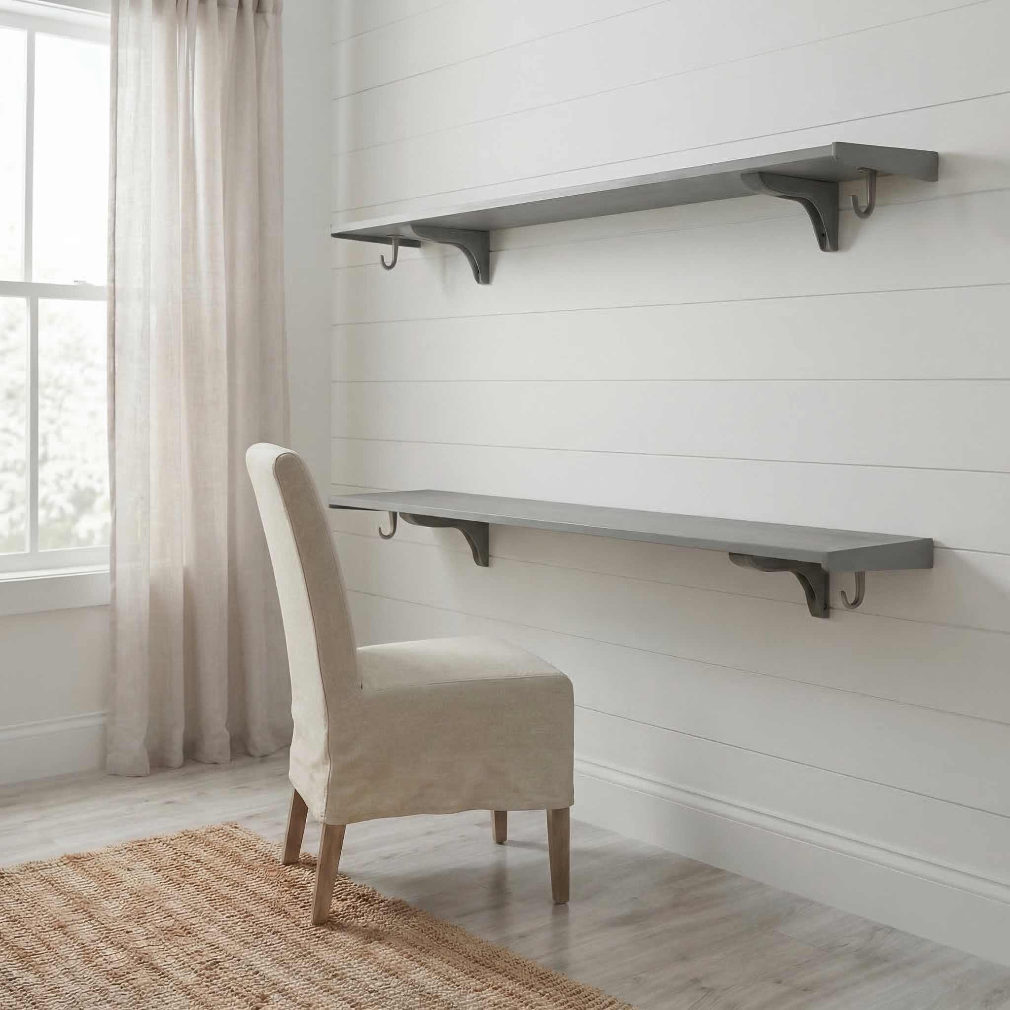 Toden gray modular double-row shelving system configured as a floating desk and upper storage shelf on a white shiplap wall. The setup features two long-run gray panels supported by industrial-strength brackets with integrated snap-fit hooks. The "no diagonal support" design highlights maximum legroom and a sleek, modern aesthetic for a home workspace or study area.