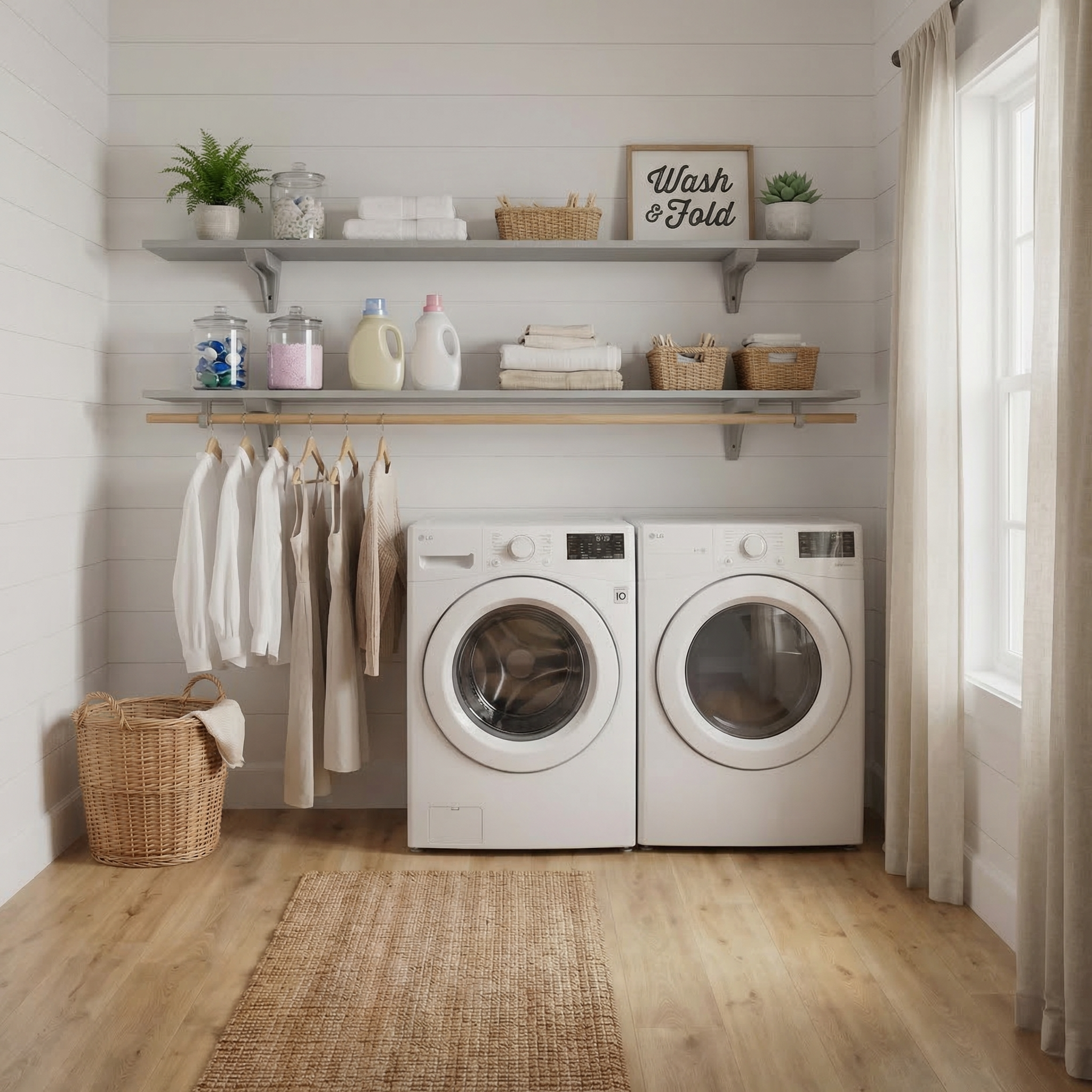 Toden gray modular laundry room storage system featuring a double row of floating shelves on a white shiplap wall. The setup includes an integrated wooden closet rod for air-drying clothes and is styled with laundry detergents, towels, and wicker baskets above a white washer and dryer. Highlights the high-capacity load rating and sleek, no-diagonal support bracket design for a modern utility room.
