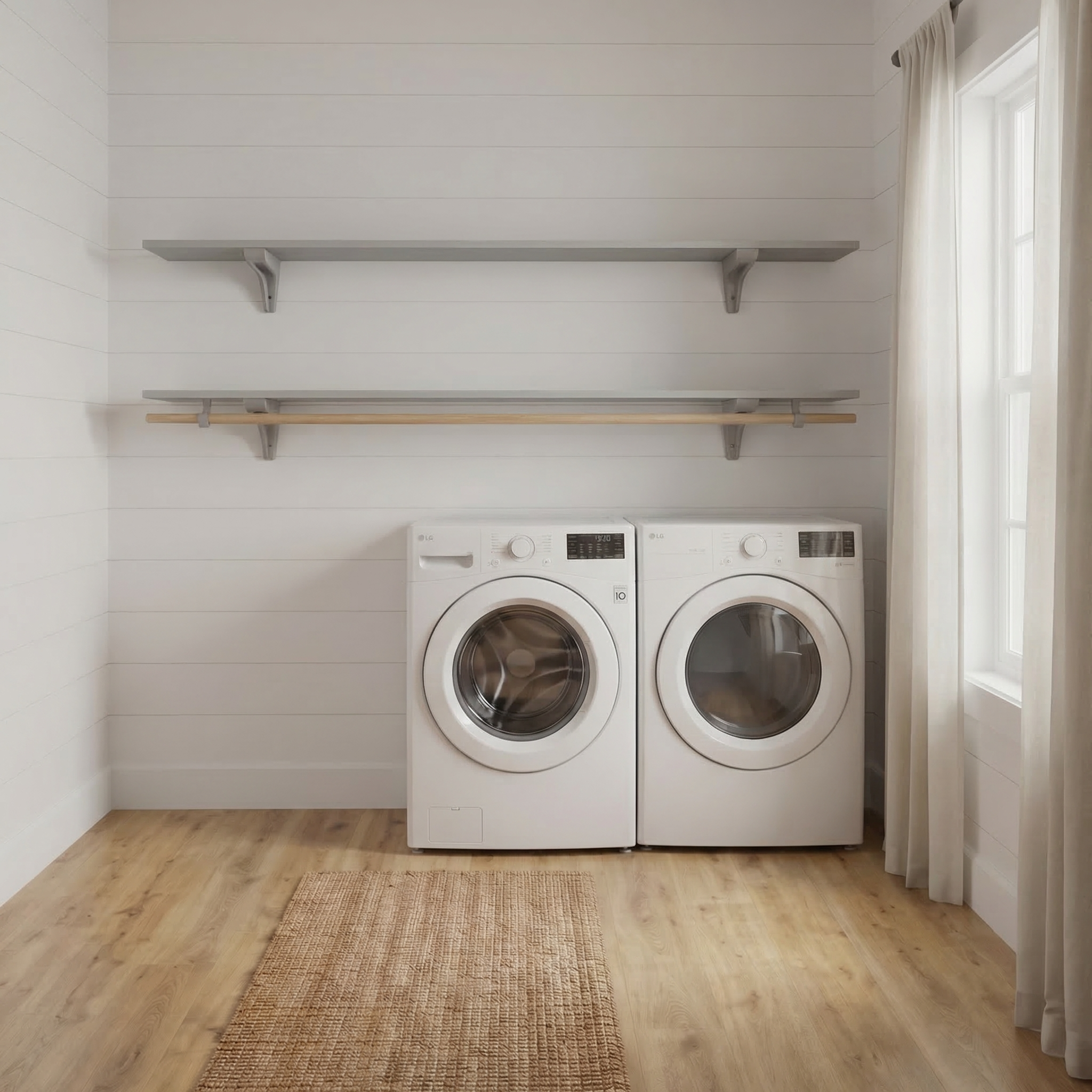 Toden gray modular laundry room storage system with a double-row shelf configuration on a white shiplap wall. The setup features two 72-inch gray floating surfaces mounted above a white washer and dryer, with an integrated wooden closet rod for air-drying clothes. This visual highlights the sleek, no-diagonal support bracket design and the system's industrial-strength load capacity in a bright, minimalist utility space.