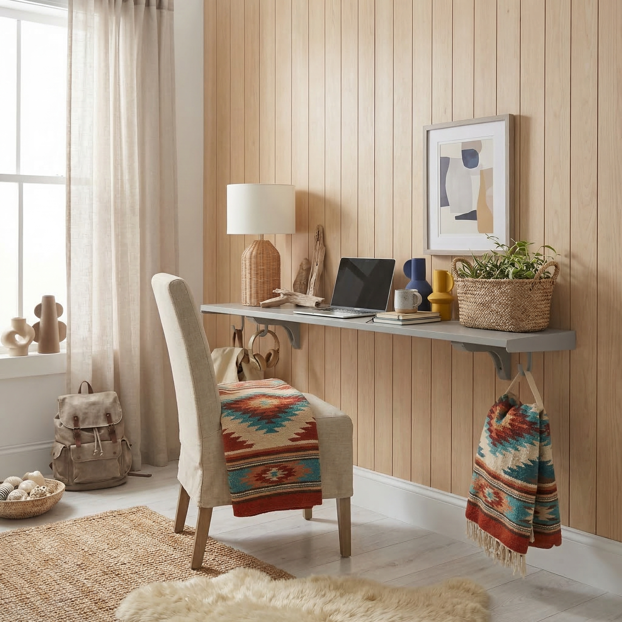 Toden gray modular surface configured as a minimalist floating desk in a modern office with vertical wood paneling. The setup features a gray long-run desk for a laptop and decor, supported by heavy-duty brackets. Integrated gray storage hooks are used to hang headphones and a woven blanket, highlighting the "no-diagonal support" design for maximum legroom and a clutter-free workspace.