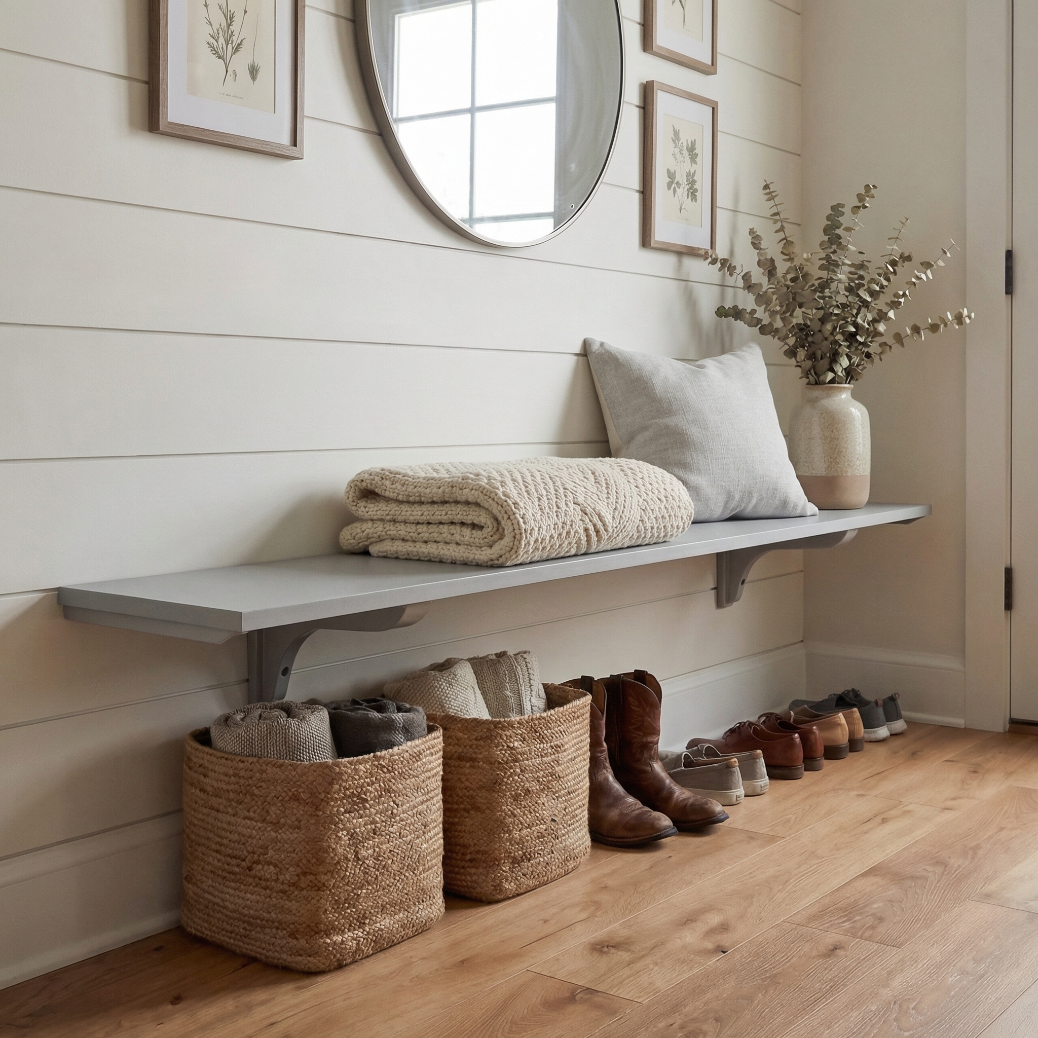 Toden modular gray shelving system used as a floating entryway bench and organizer in a modern farmhouse mudroom. The heavy-duty gray shelf is mounted on a white shiplap wall, styled with a folded knit blanket and decorative vase. Below the shelf, woven baskets and a row of shoes are neatly organized, highlighting the space-saving "no diagonal support" design of the brackets.