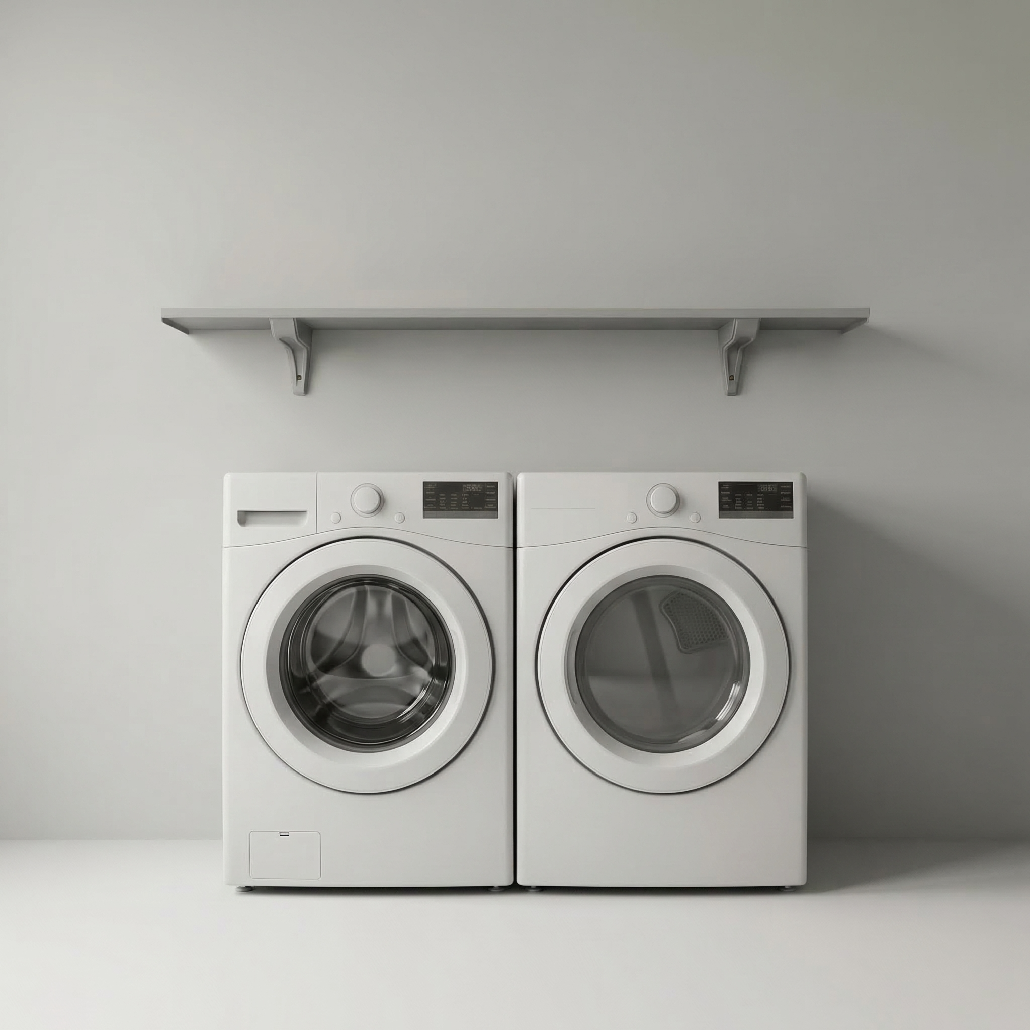 Toden gray modular surface installed as a minimalist laundry room organizer above a white front-load washer and dryer. The 72-inch gray floating shelf is supported by industrial-strength brackets, showcasing the sleek "no diagonal support" design and low-profile aesthetic. This visual demonstrates a heavy-duty, open storage solution for maximizing utility space in a modern home.