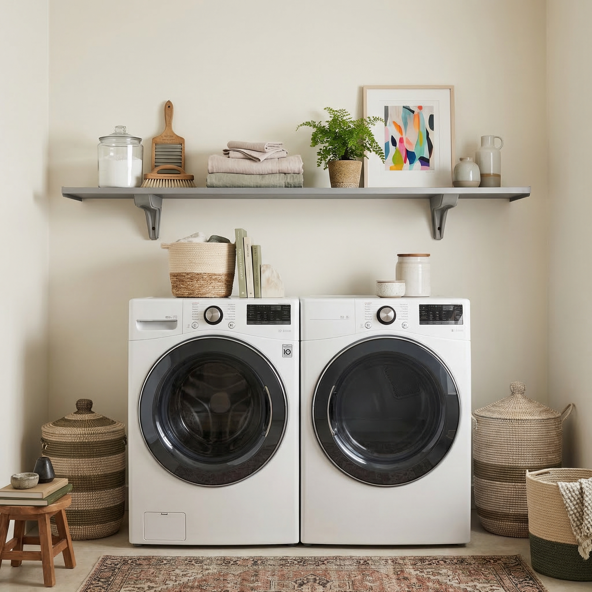 Toden gray modular shelving system installed as a laundry room organizer above a white front-load washer and dryer. The long-run floating shelf is styled with laundry supplies, plants, and art, highlighting the "no-diagonal support" design that keeps the space open and minimalist. The industrial-strength brackets provide a sleek, low-profile look for home organization.